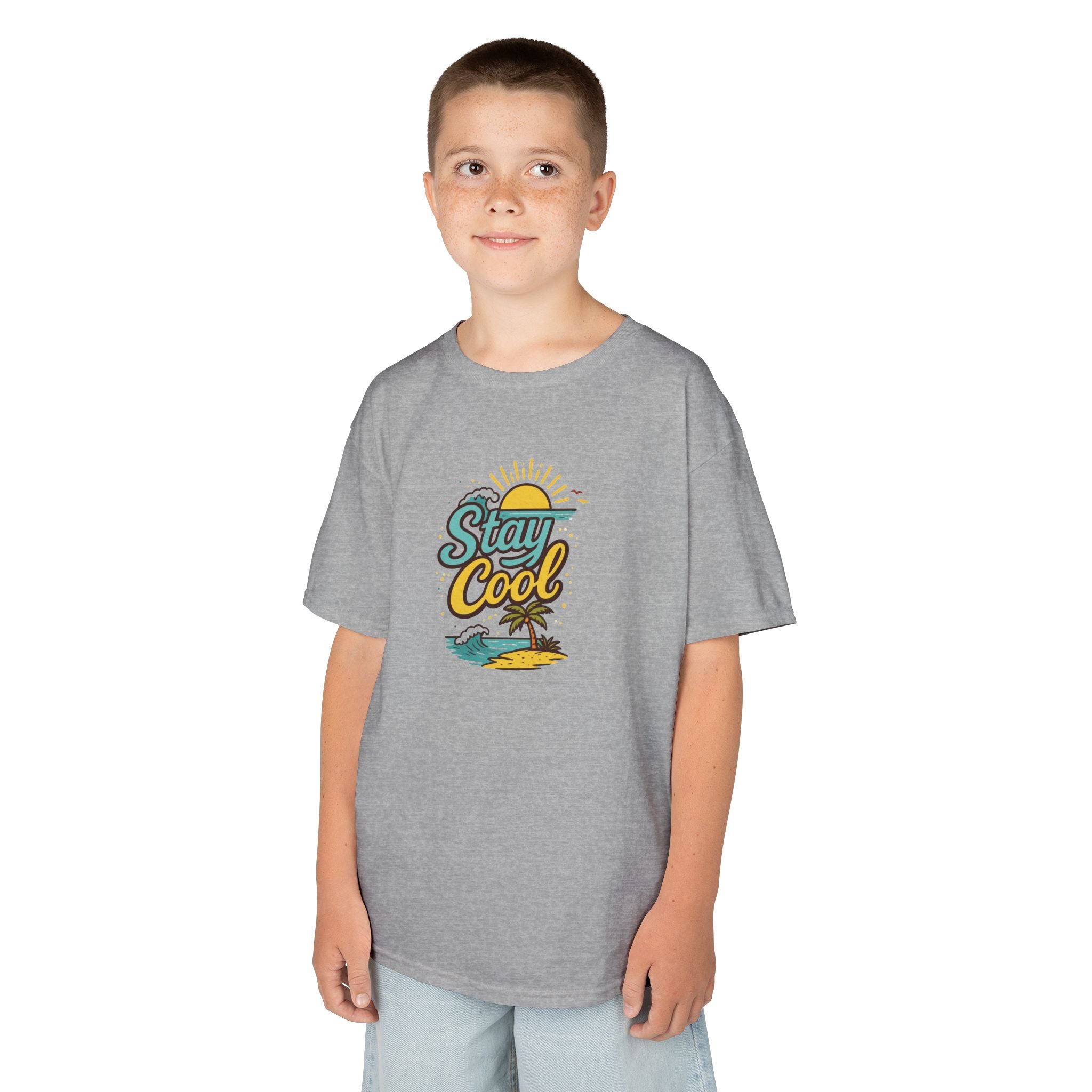 Kids "Stay Cool" Beach Graphic Tee — Tropical Sun & Palm Vacation Shirt