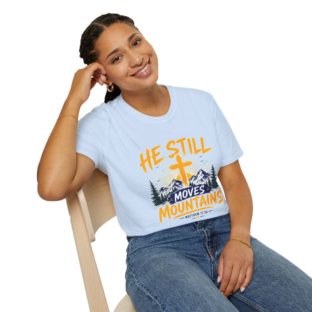 He Still Moves Mountains Shirt, Christian T-Shirt, Faith Cross Tee, Bible Verse Shirt, Religious Gift