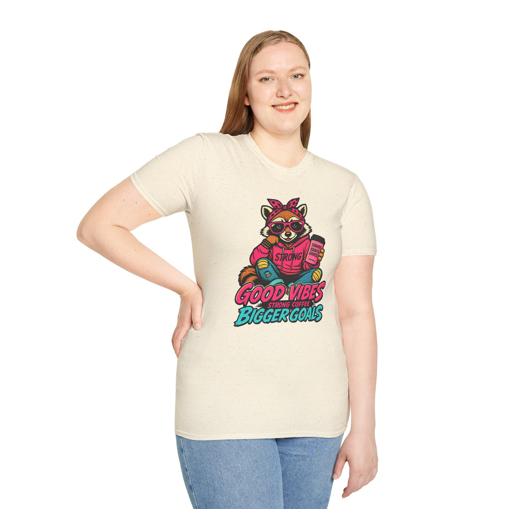 Good Vibes Bigger Goals T-Shirt — Raccoon Coffee Motivation Tee