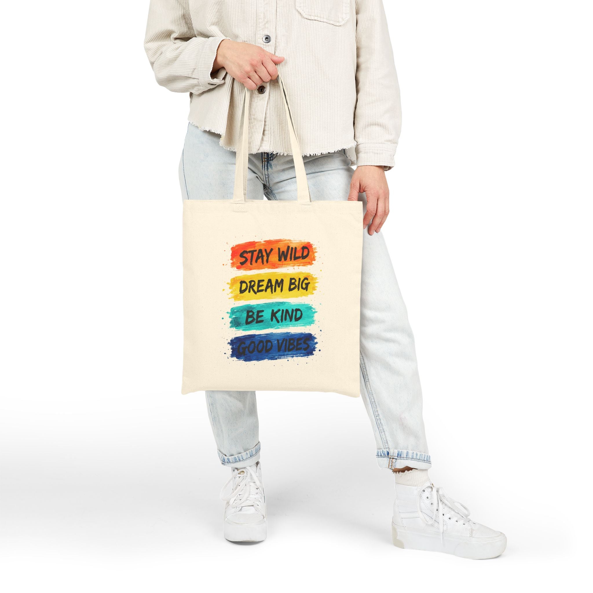 Canvas Tote Bag – ‘Stay Wild, Dream Big, Be Kind, Good Vibes’ Inspirational Quote