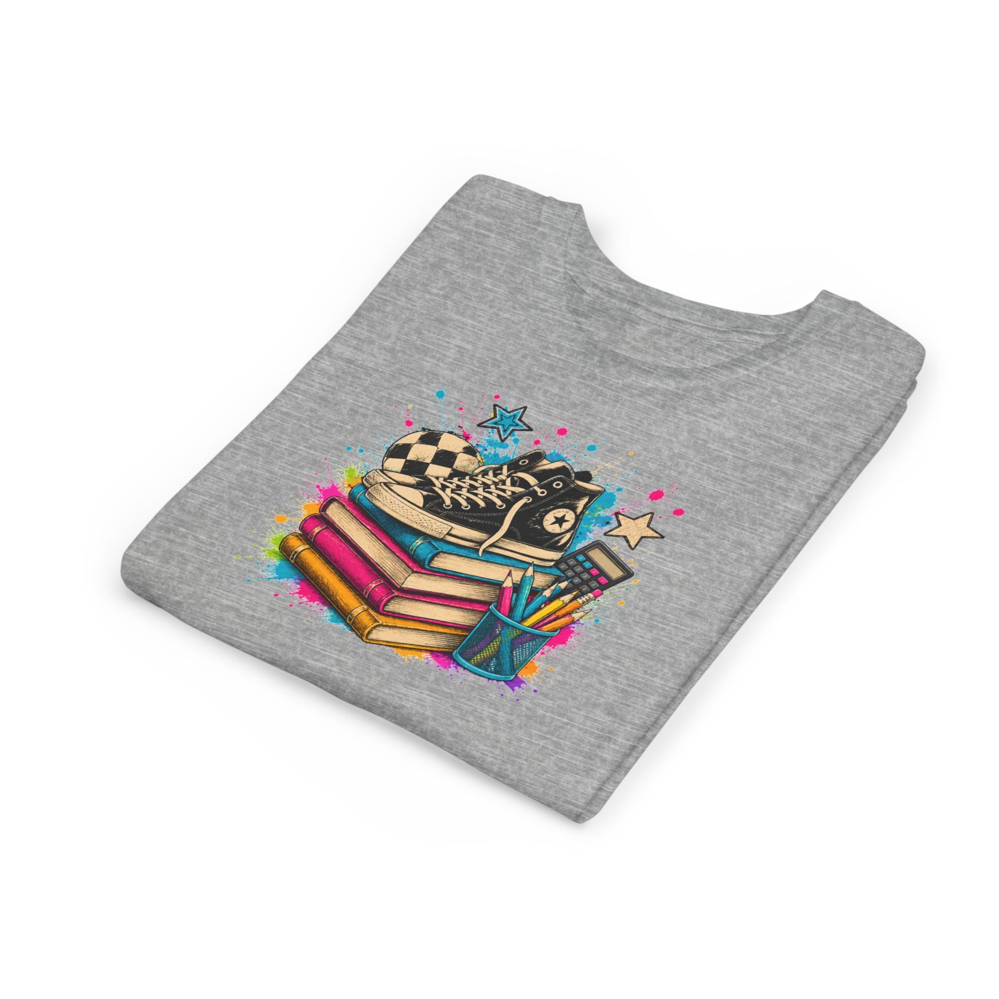 Kids Back-to-School Tee — Colorful Books, Sneakers & Pencils Graphic