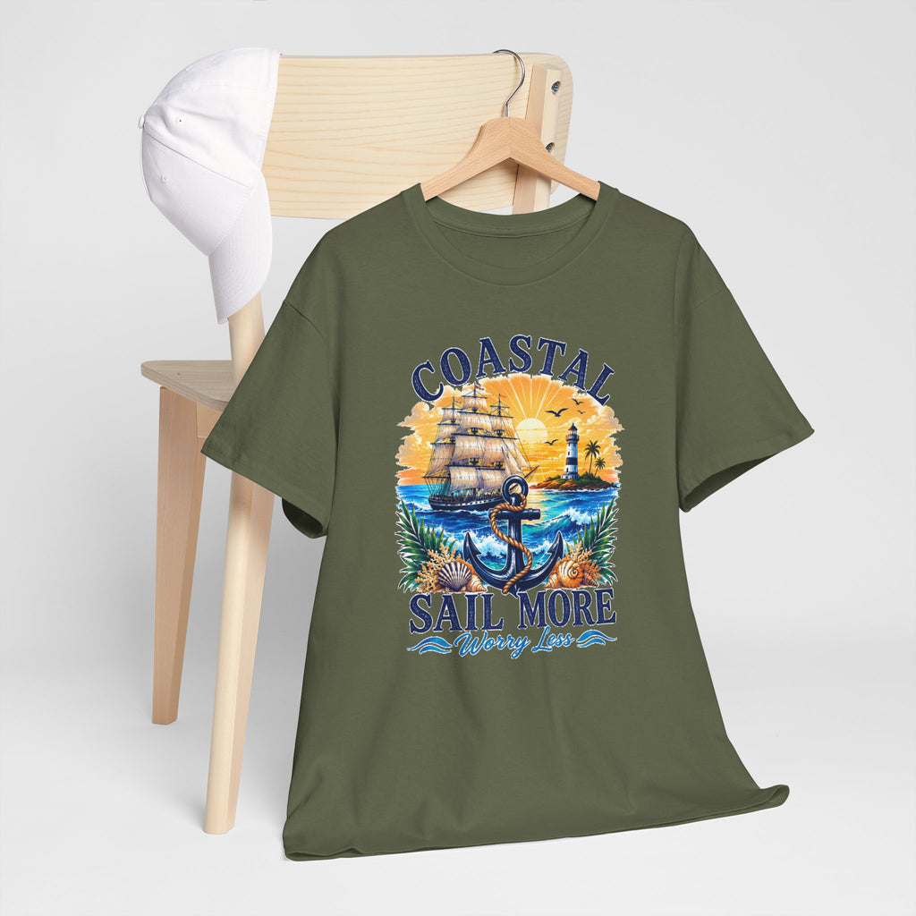 Coastal Sail More Worry Less T-Shirt | Nautical Beach Graphic Tee | Sailing Lover Shirt | Ocean Sunset Gift