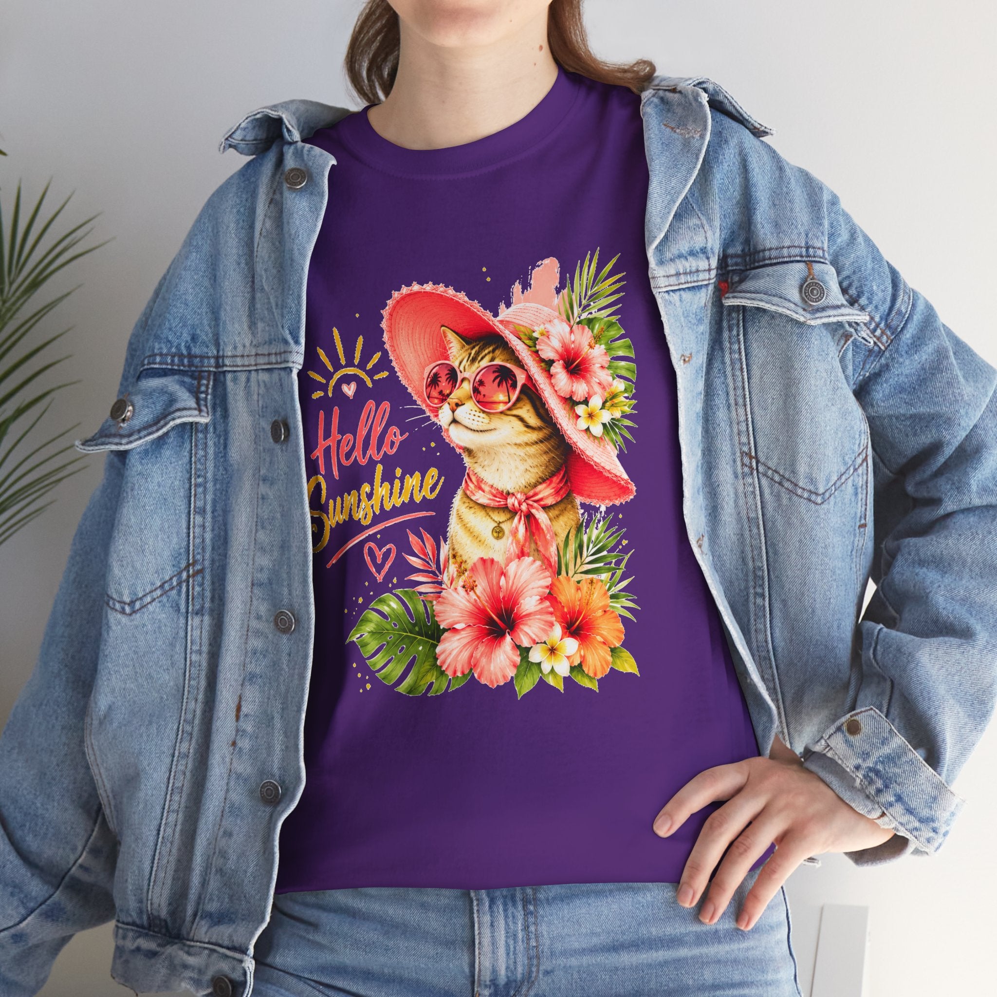 Hello Sunshine Cat Shirt | Cute Floral Cat T-Shirt | Tropical Summer Kitty Tee | Cat Lover Gift | Cute Women's Graphic Tee