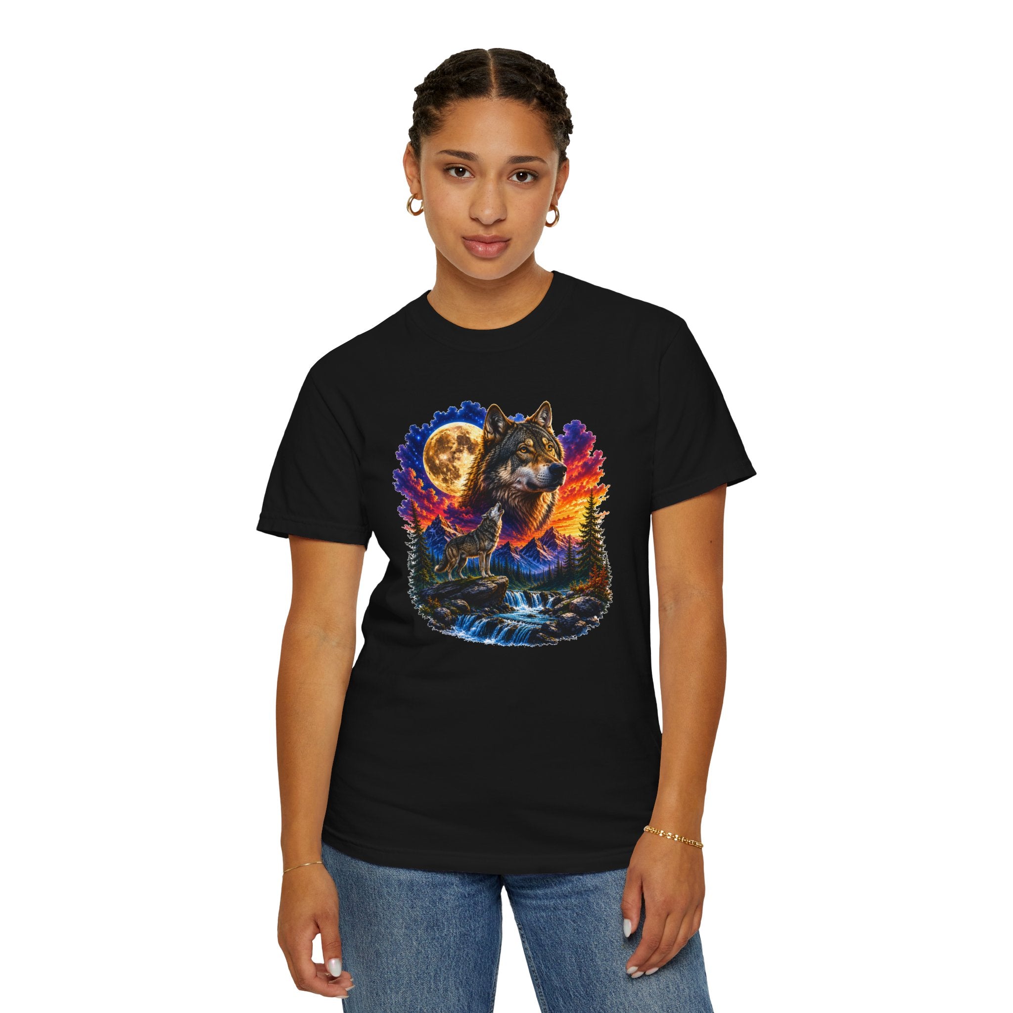 Colorful Wolf Moon T-Shirt, Nature Lover Gift, Howling Wolf Graphic Tee, Mountain Forest Shirt, Wildlife Adventure Tee