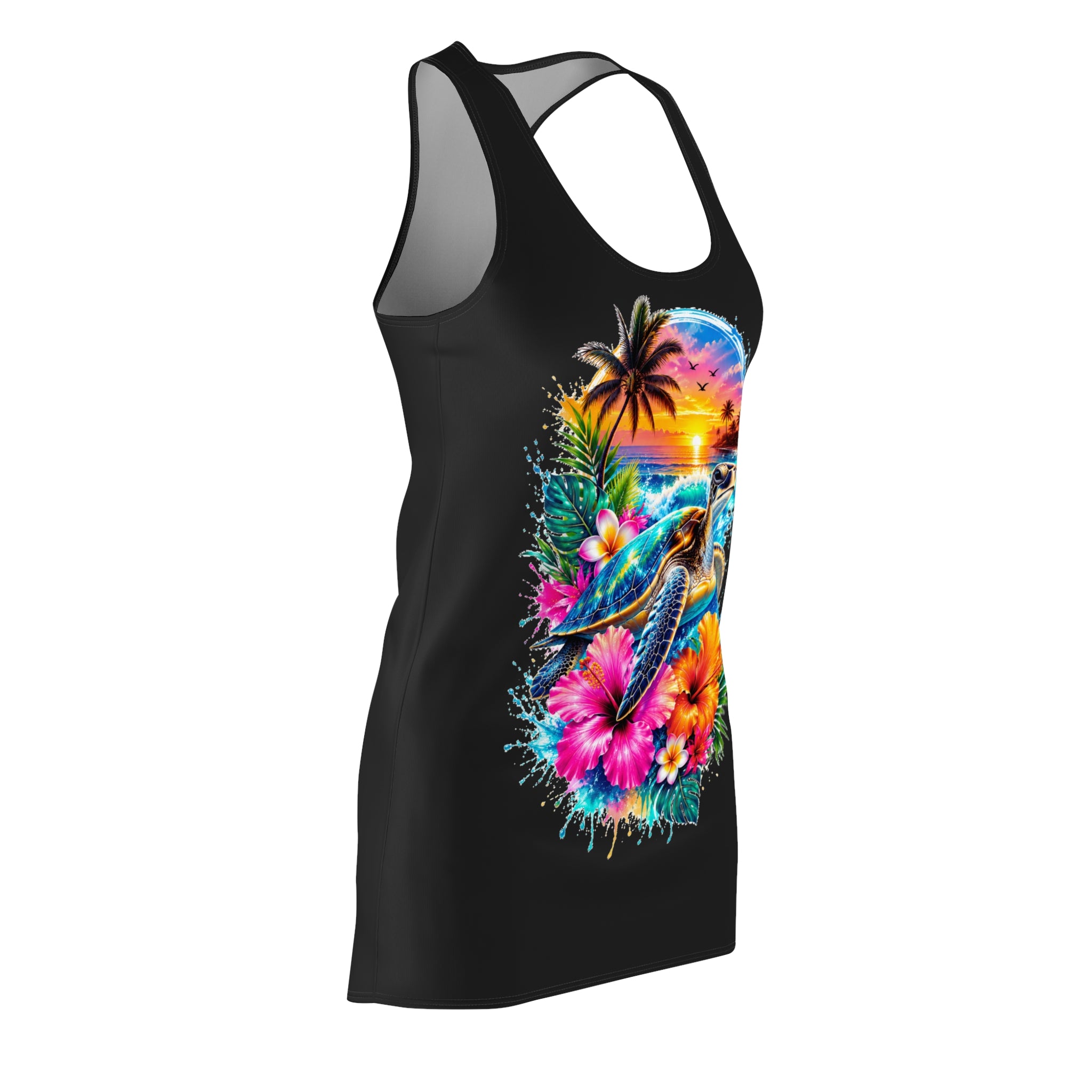 Tropical Sea Turtle Racerback Dress — Sunset Hibiscus Beach Print