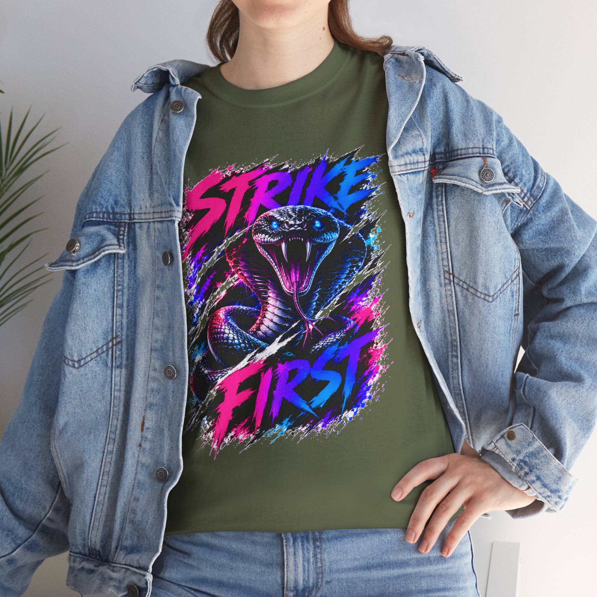 Strike First Cobra T-Shirt | Neon Snake Graphic Tee | Bold Streetwear Shirt | Unisex Graphic Tee
