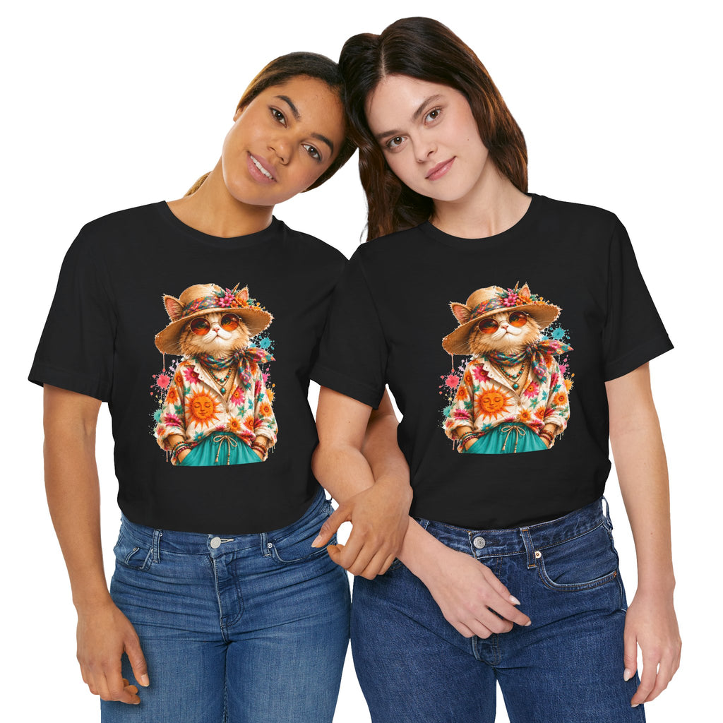 Boho Cat Graphic Tee — Floral Hat & Sunshine Cat T-Shirt