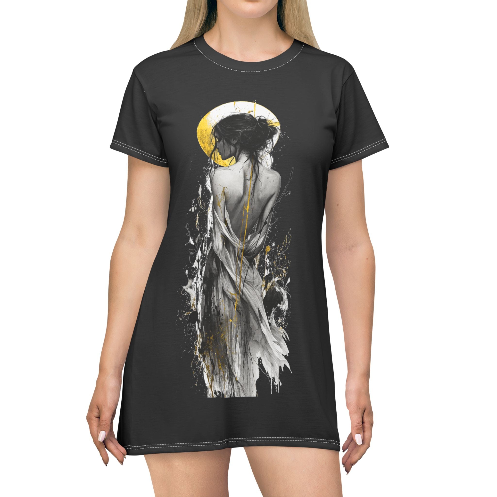 Mystic Moon Goddess T-Shirt Dress – Ethereal Back-View Art Dress