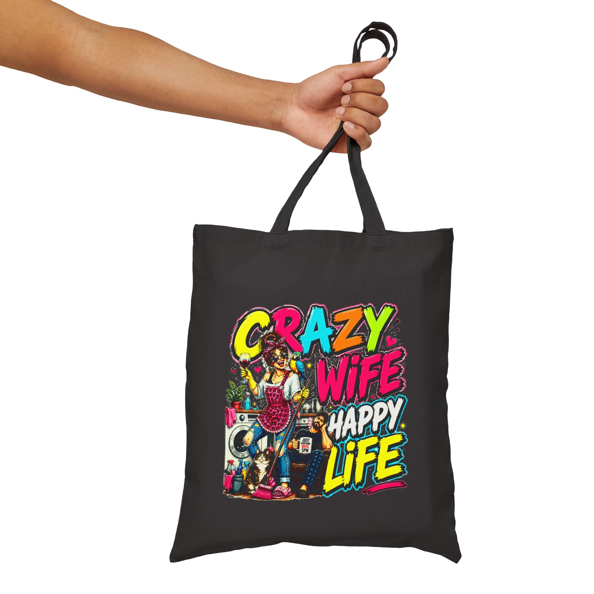 Crazy Wife Happy Life Tote Bag, Funny Wife Gift, Funny Marriage Canvas Bag, Wife Humor Gift, Anniversary Gift, Reusable Shopping Tote