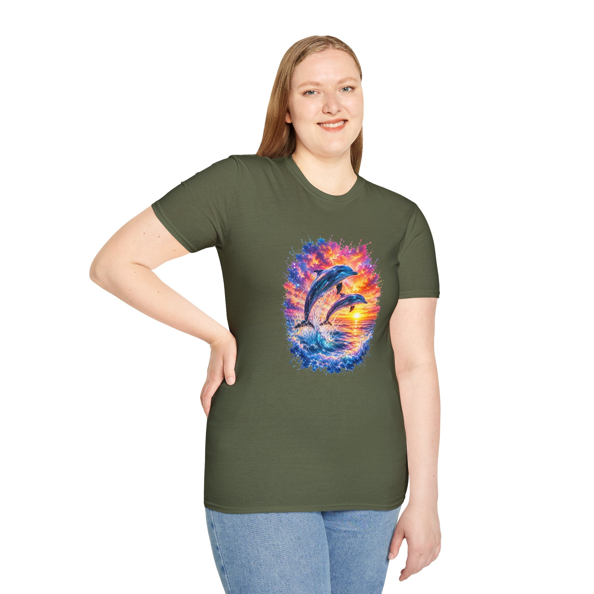 Dolphin Sunset TShirt  Vibrant Ocean Jump Graphic Tee