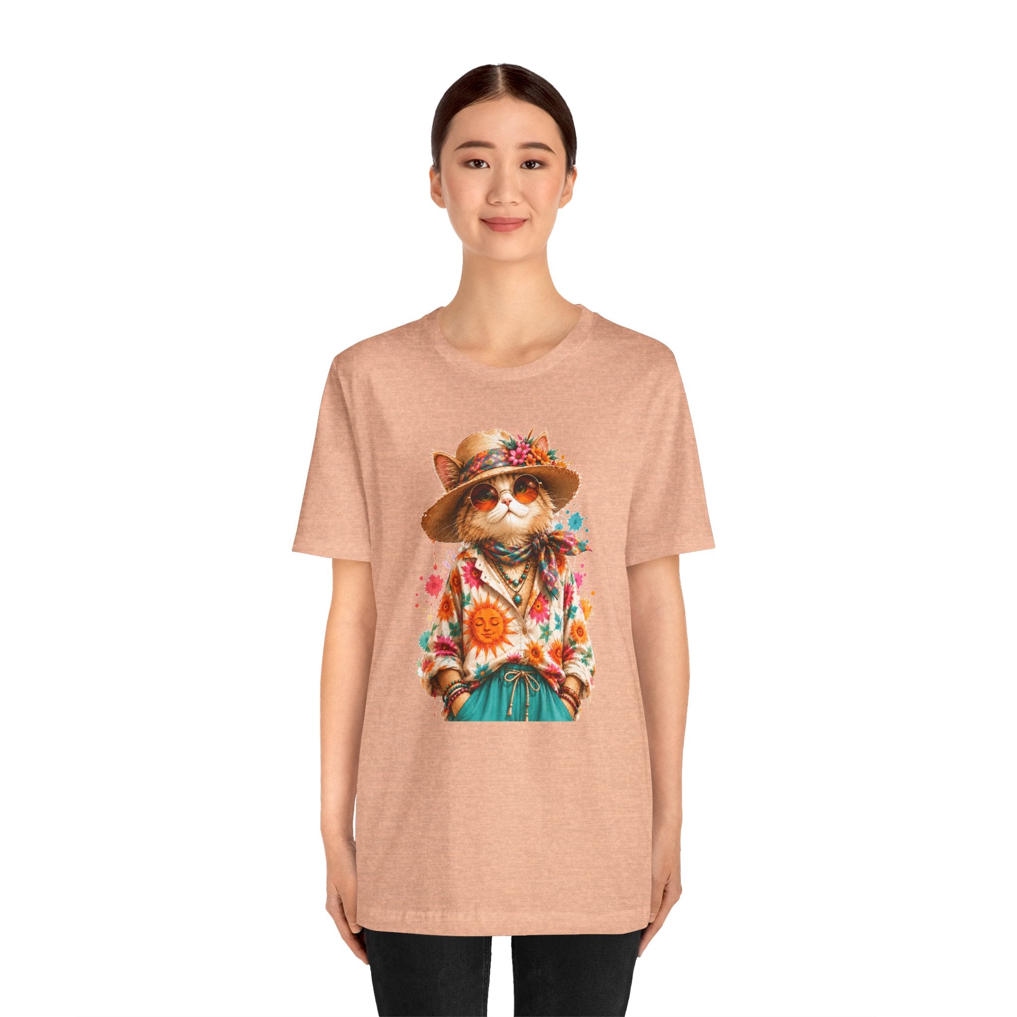 Boho Cat Graphic Tee — Floral Hat & Sunshine Cat T-Shirt