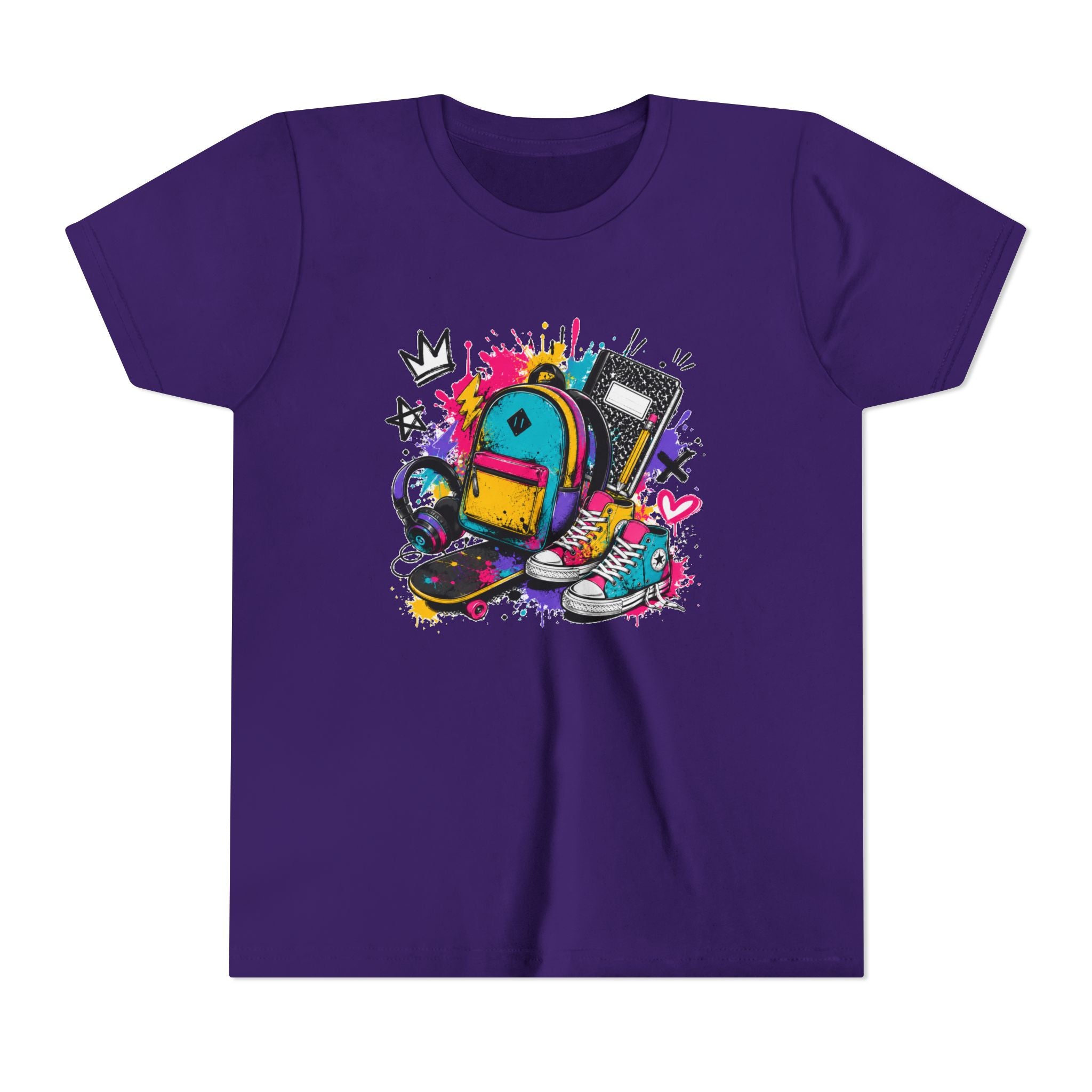 Youth Tee — Colorful Back-to-School Backpack Skateboard Graphic