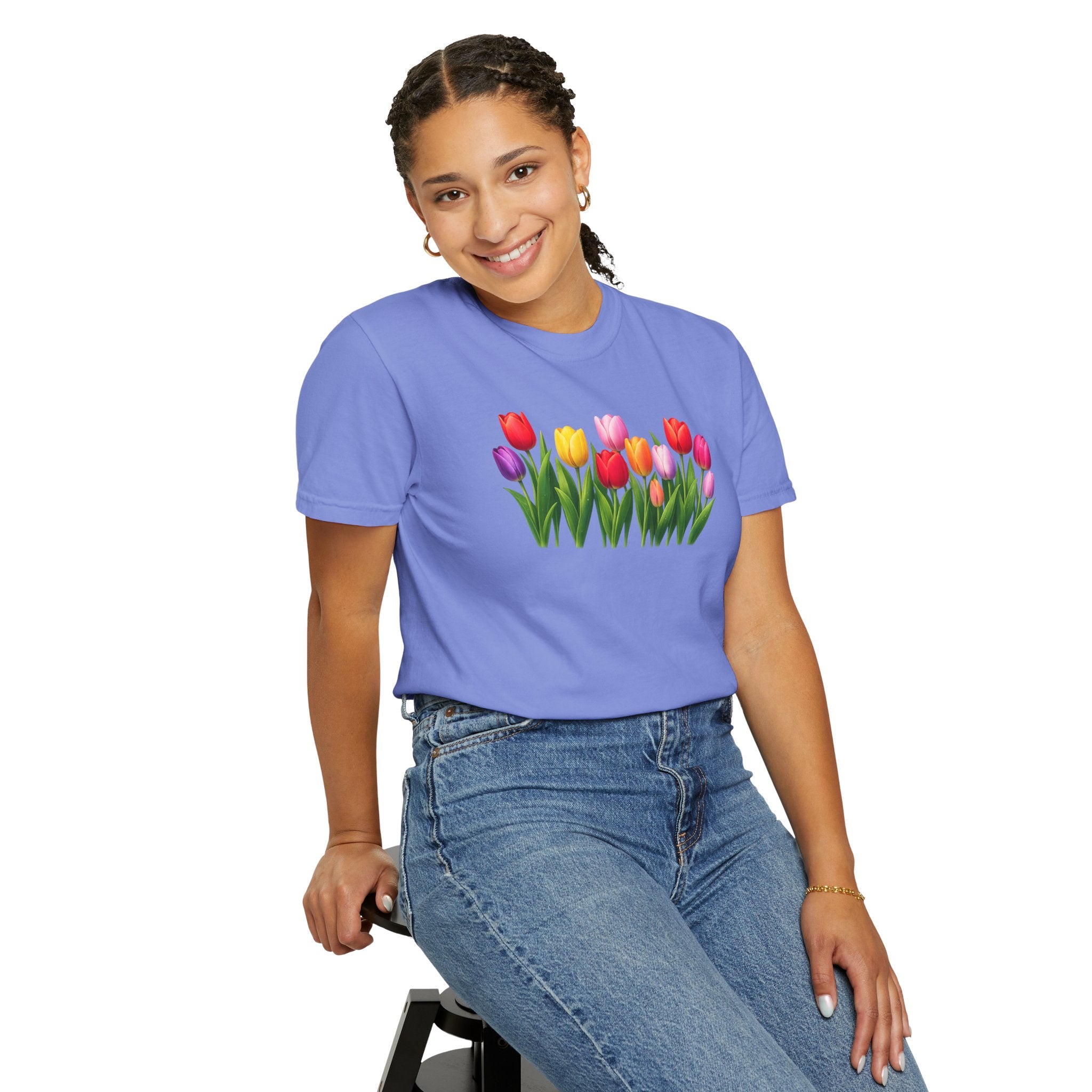 Colorful Tulip Shirt, Floral T-Shirt for Women, Botanical Graphic Tee, Spring Garden Shirt, Comfort Colors Tee