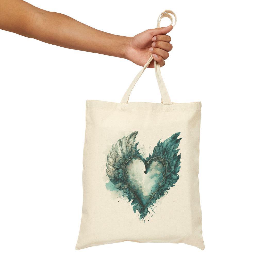 Cute Canvas Tote Bag with Teal Watercolor Angel Wings Heart Design