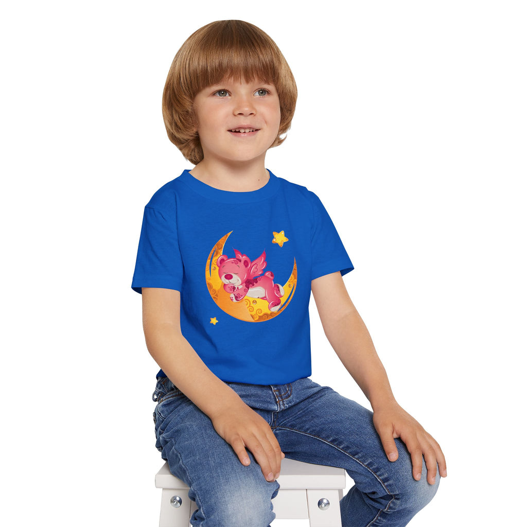 Cute Sleeping Pink Baby Dragon on Moon Toddler T-Shirt | Nursery Kids Tee | Soft Cotton Toddler Shirt