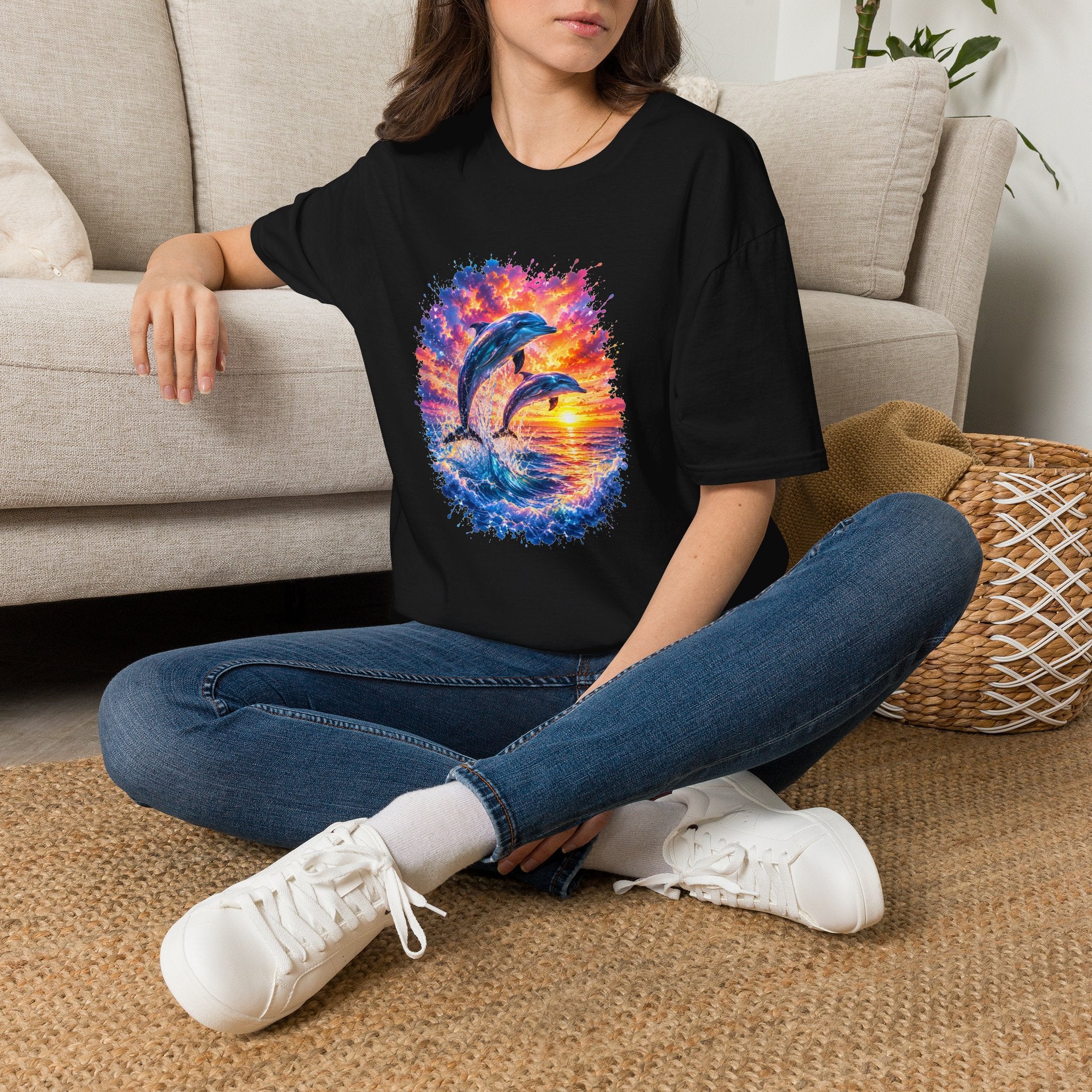 Dolphin Sunset TShirt  Vibrant Ocean Jump Graphic Tee