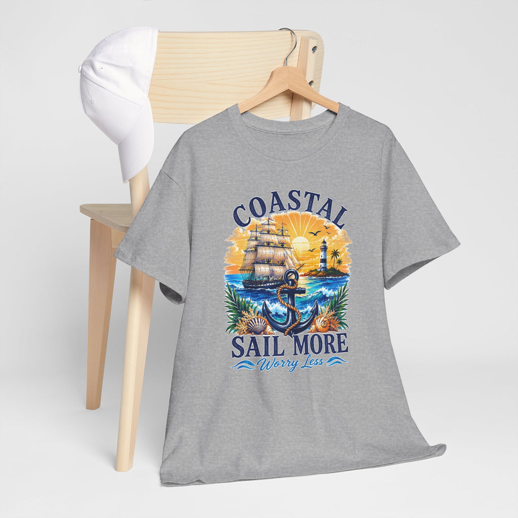 Coastal Sail More Worry Less T-Shirt | Nautical Beach Graphic Tee | Sailing Lover Shirt | Ocean Sunset Gift