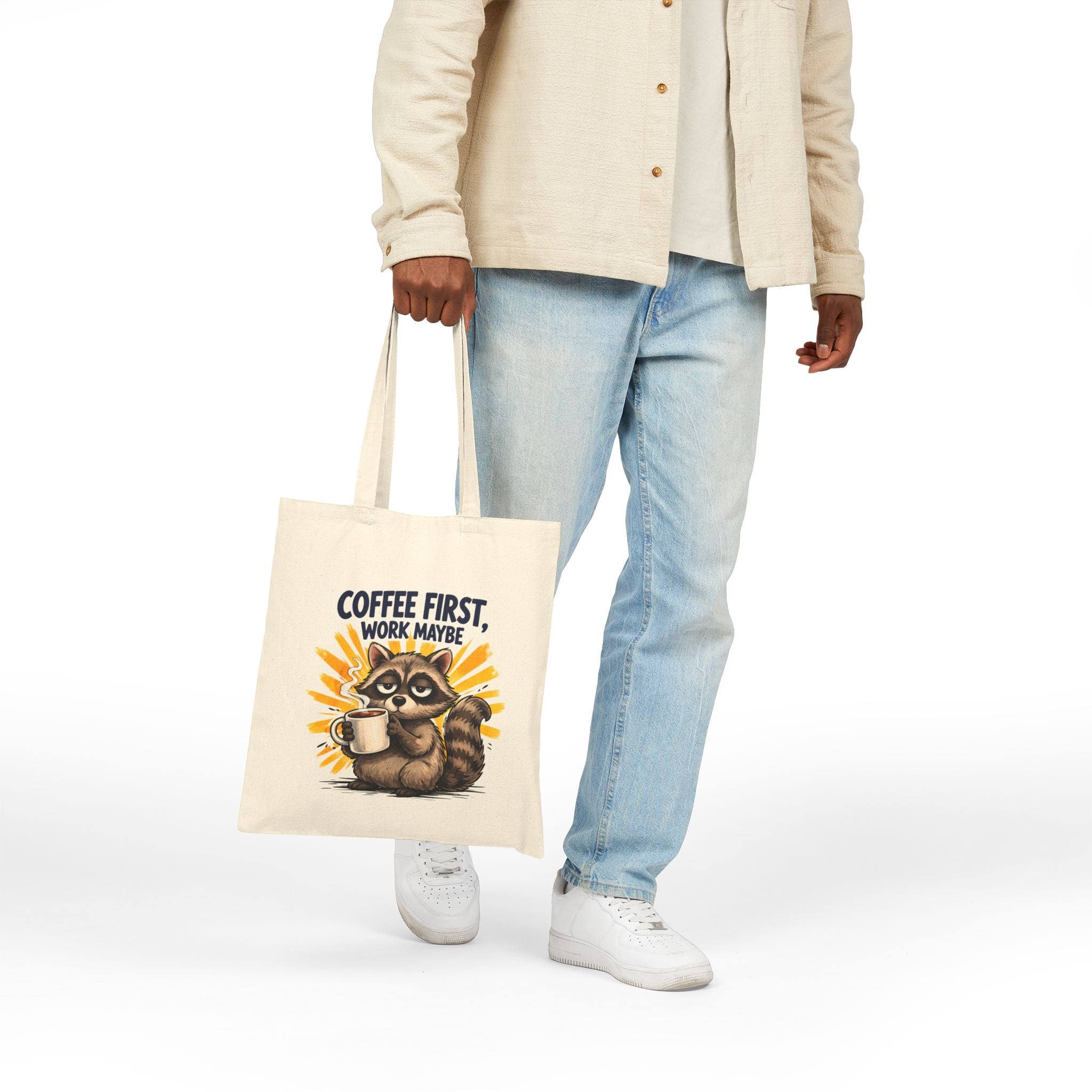 Tote Bag — Coffee First, Work Maybe Raccoon Canvas Tote