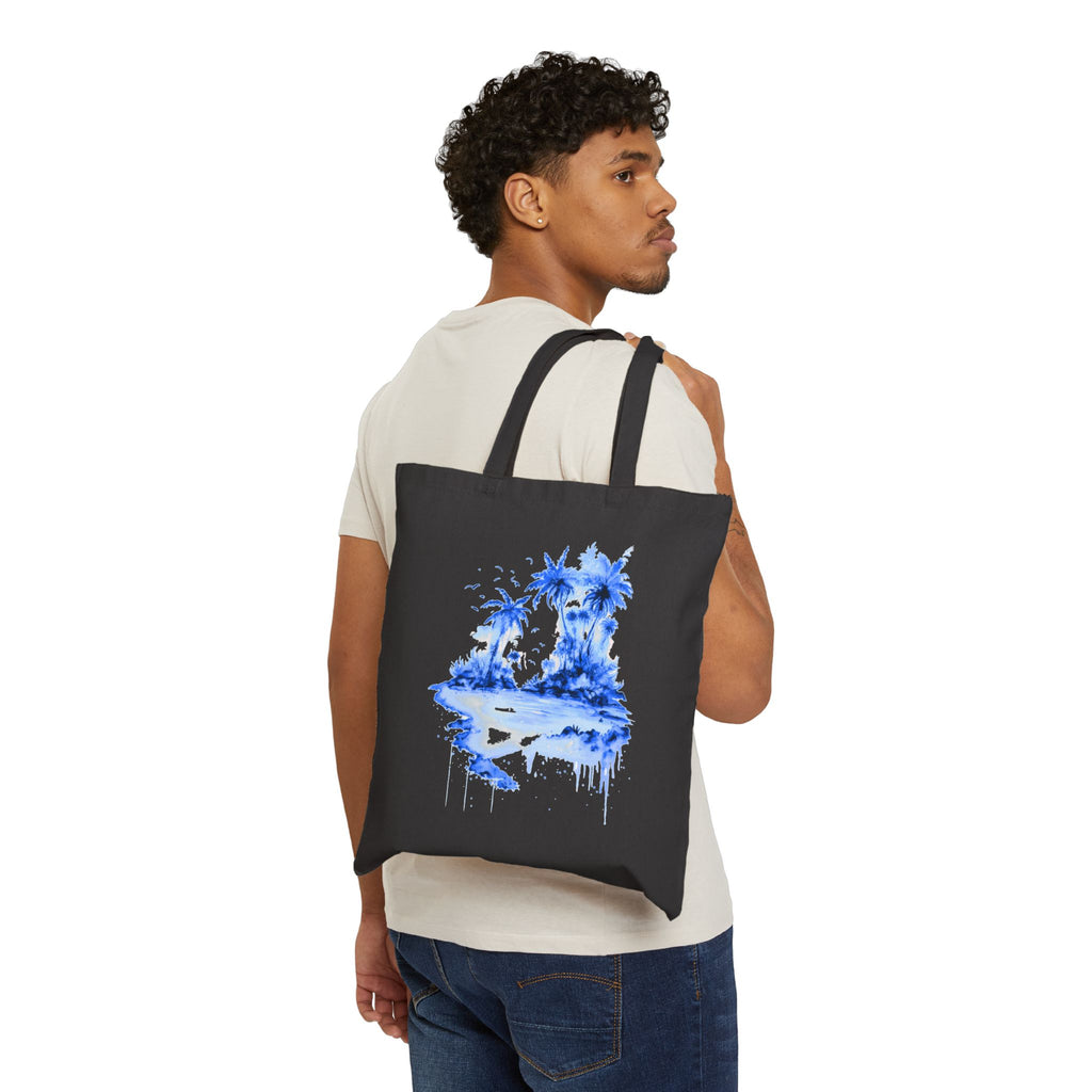 Blue Watercolor Tropical Island Tote Bag | Palm Trees Beach Canvas