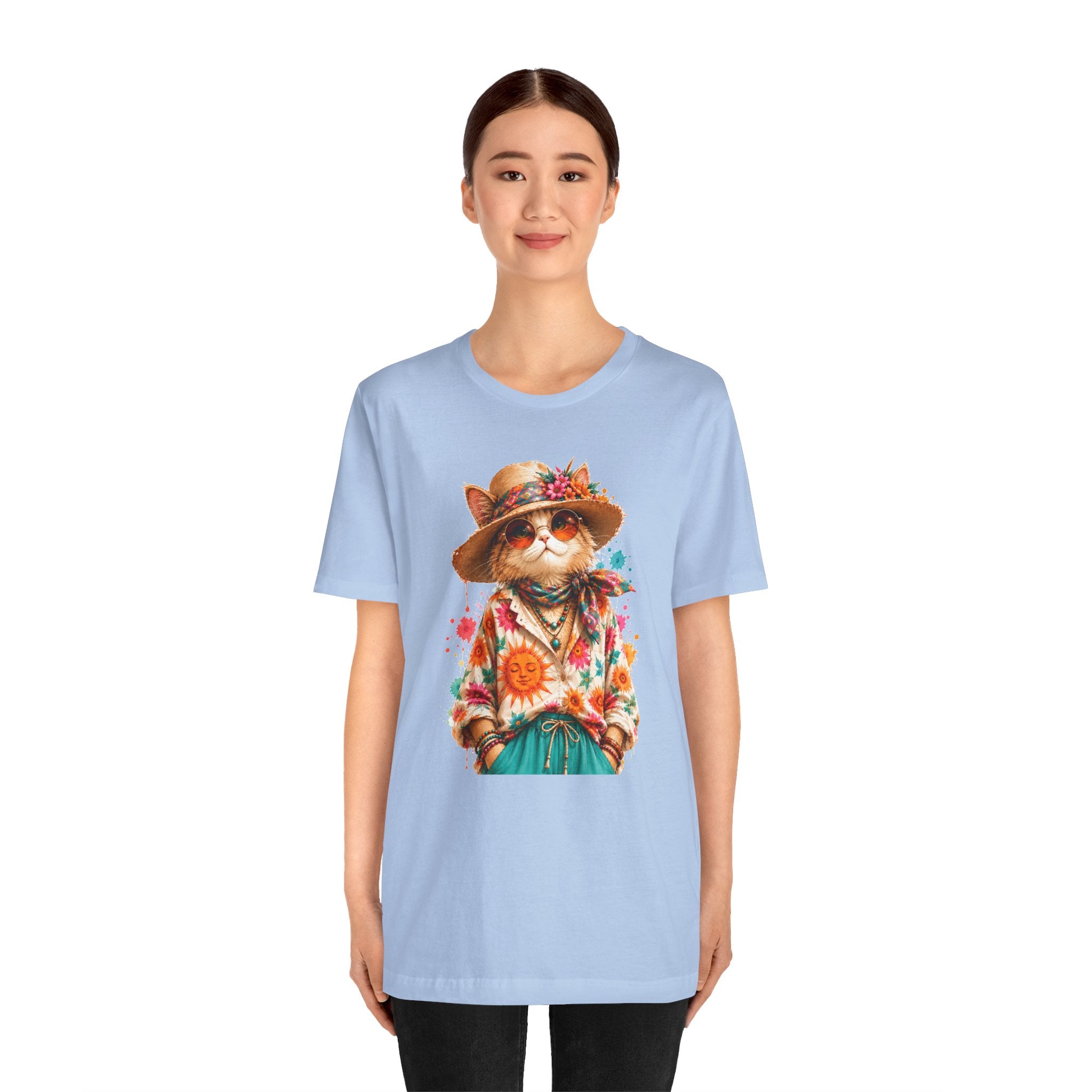 Boho Cat Graphic Tee — Floral Hat & Sunshine Cat T-Shirt