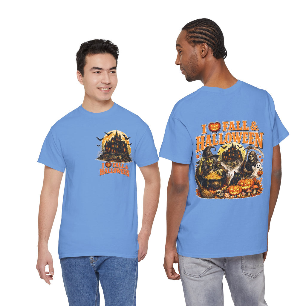 Halloween Fall Graphic Tee — "I  Fall & Halloween" Vintage Pumpkin & Spooky Characters Shirt