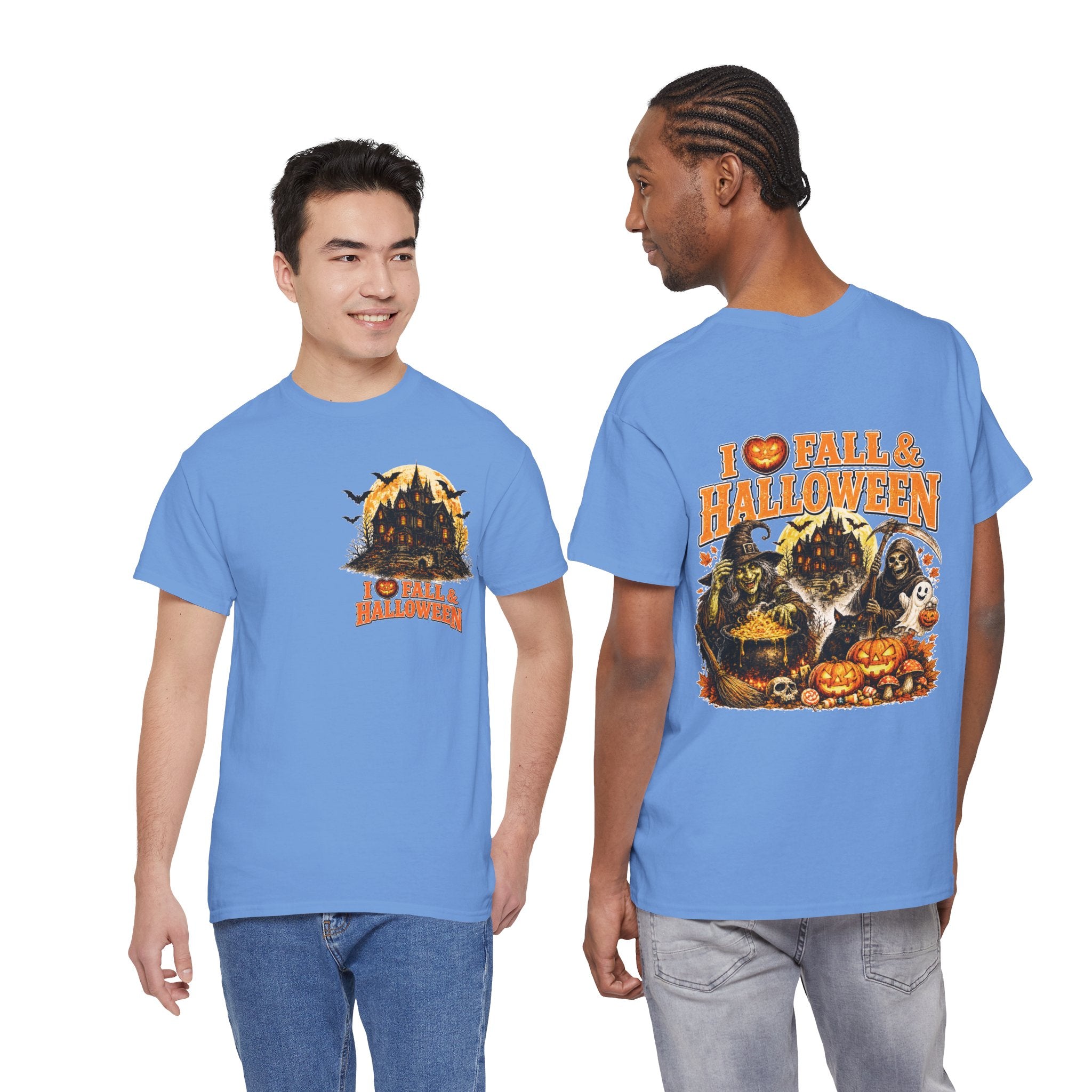 Halloween Fall Graphic Tee — "I  Fall & Halloween" Vintage Pumpkin & Spooky Characters Shirt