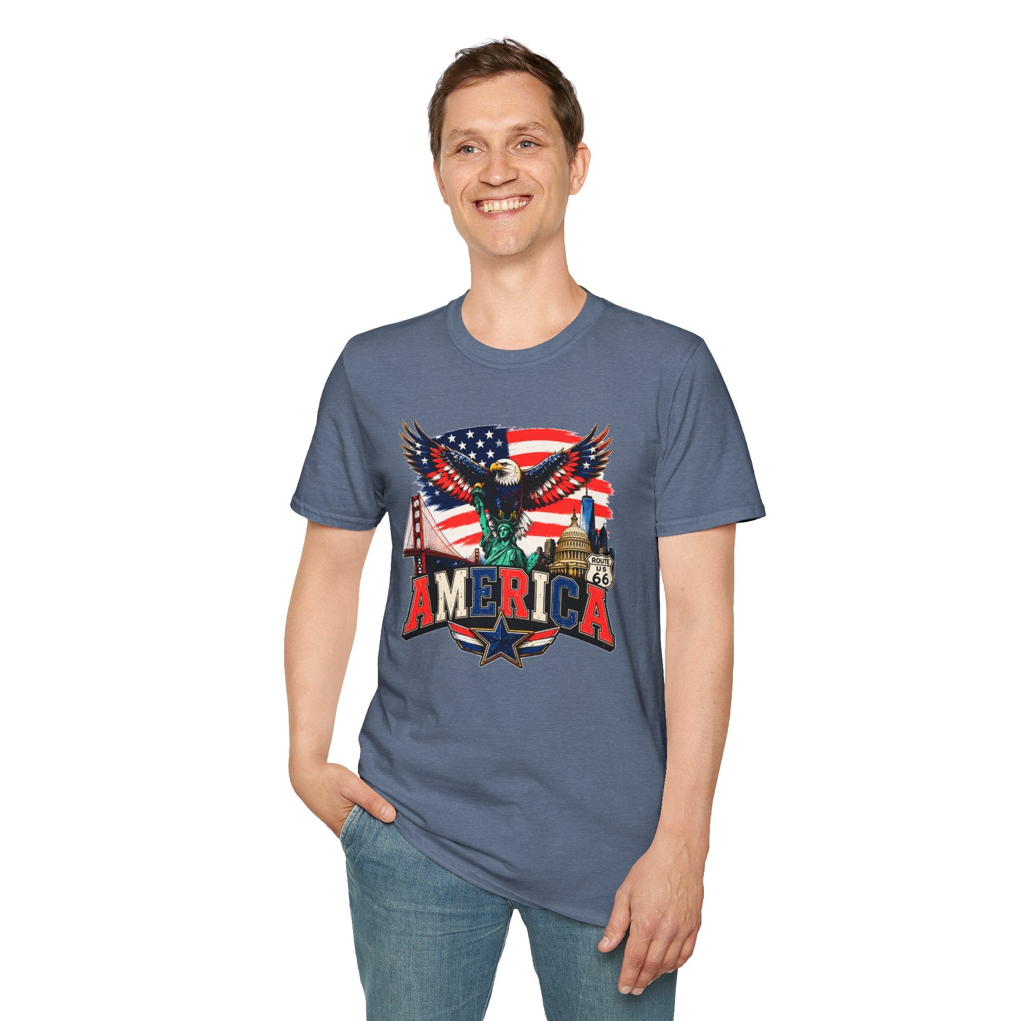 America Eagle Graphic T-Shirt — Patriotic USA Flag & Landmarks Tee (Statue of Liberty, Golden Gate, Capitol, Route 66)