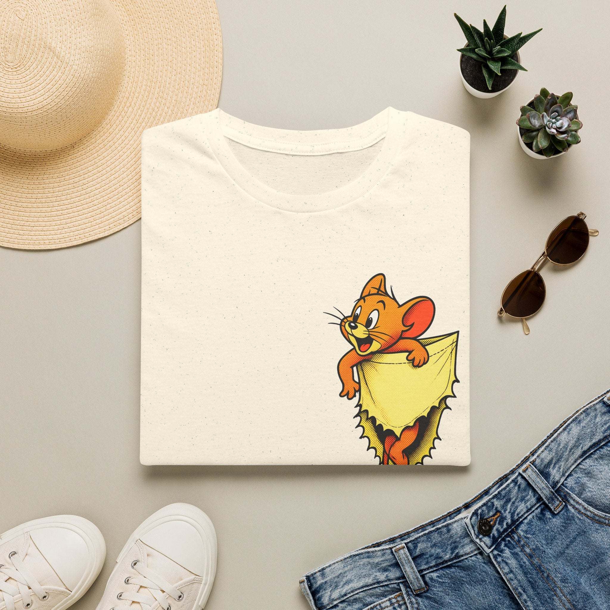 Jerry Pocket Tee — Cute Cartoon Mouse Peeking From Cheese T-Shirt
