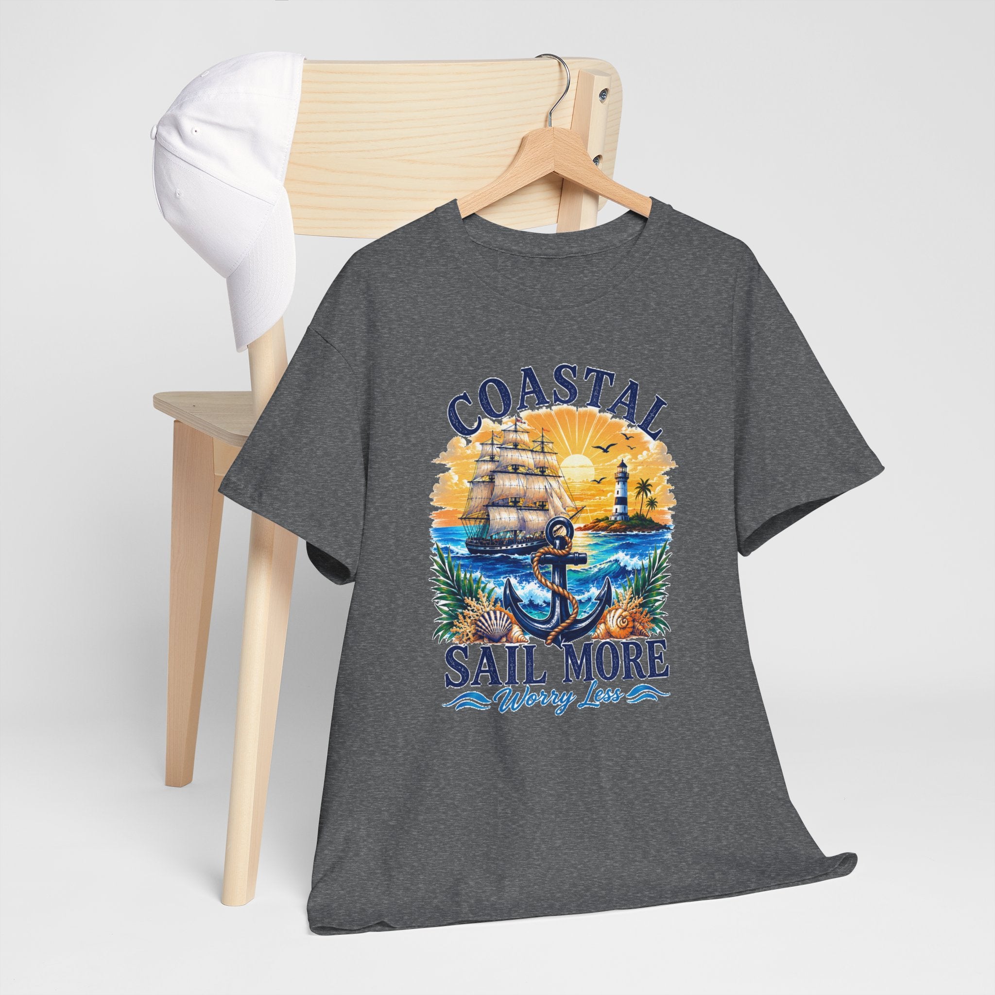 Coastal Sail More Worry Less T-Shirt | Nautical Beach Graphic Tee | Sailing Lover Shirt | Ocean Sunset Gift