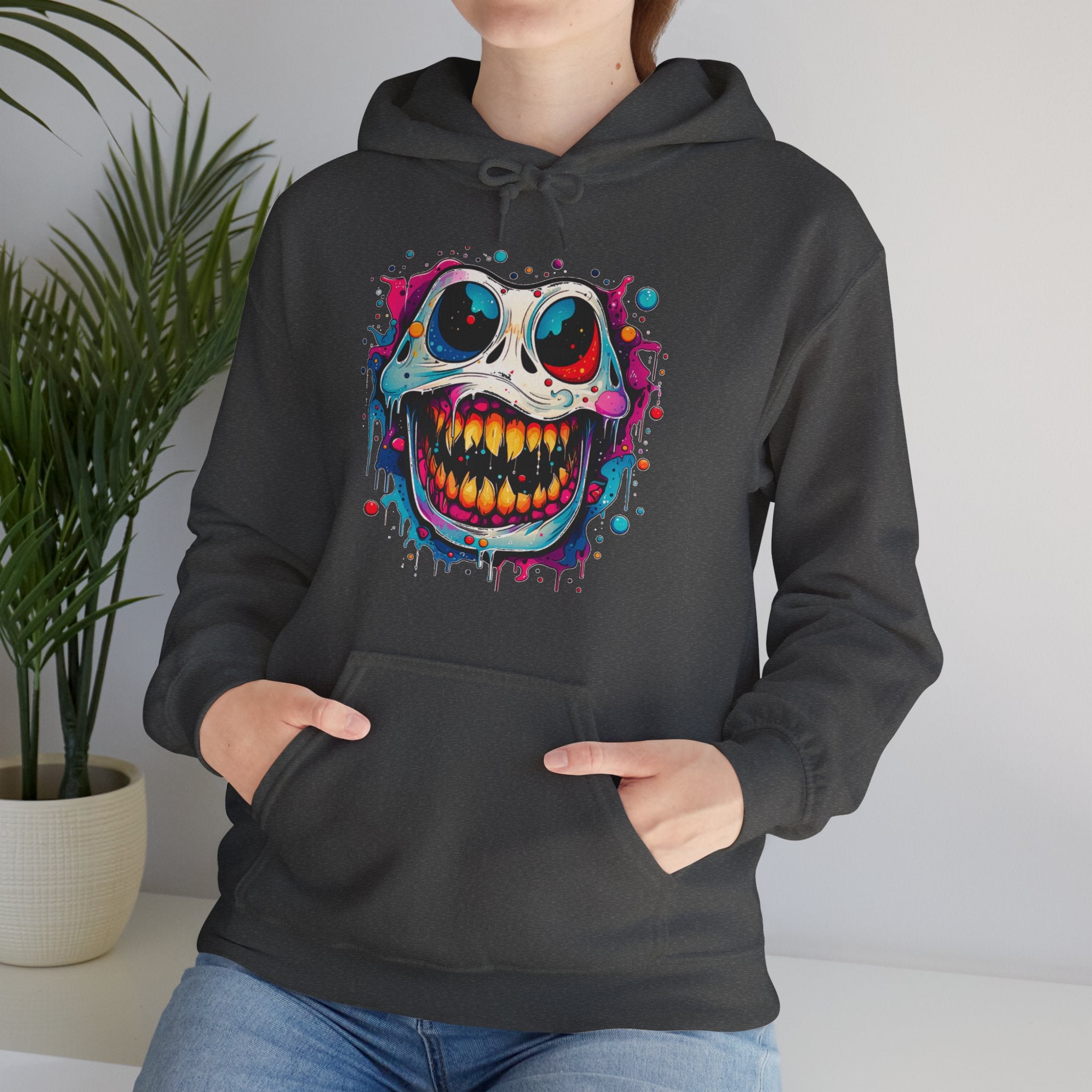 Unisex Skull Smile Hoodie - Colorful Drippy Graffiti Skull Pullover