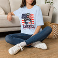 T-Shirt — Messy Bun American Flag Design (Patriotic Hair Band & Sunglasses)
