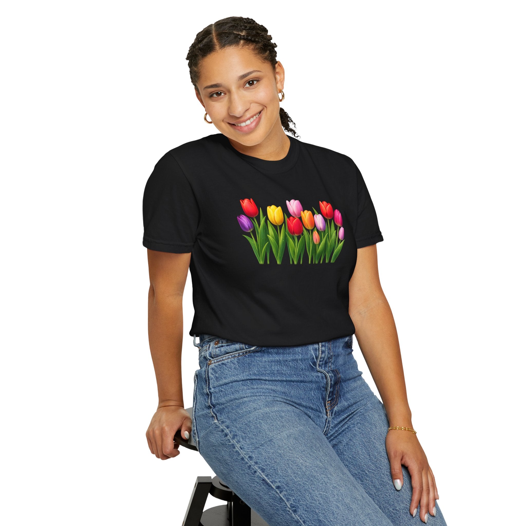 Colorful Tulip Shirt, Floral T-Shirt for Women, Botanical Graphic Tee, Spring Garden Shirt, Comfort Colors Tee