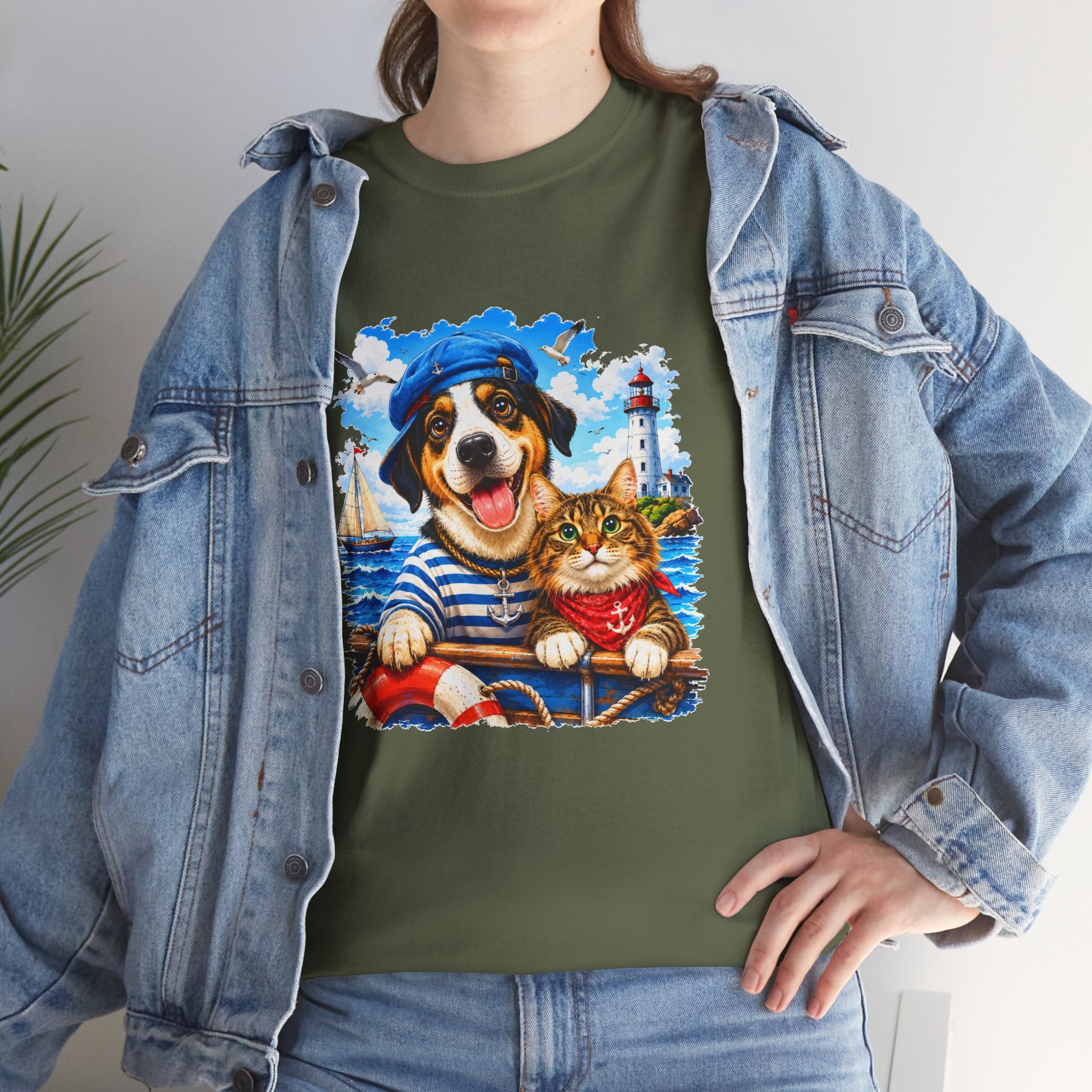 Nautical Dog & Cat T-Shirt | Sailor Pet Graphic Tee | Coastal Animal Lover Shirt | Beach Dog Cat Gift