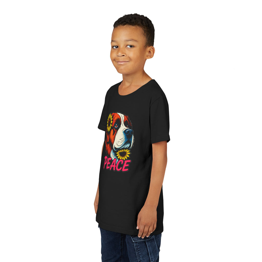 Youth Tee — Saint Bernard Dog with Sunflowers "Peace" Graphic