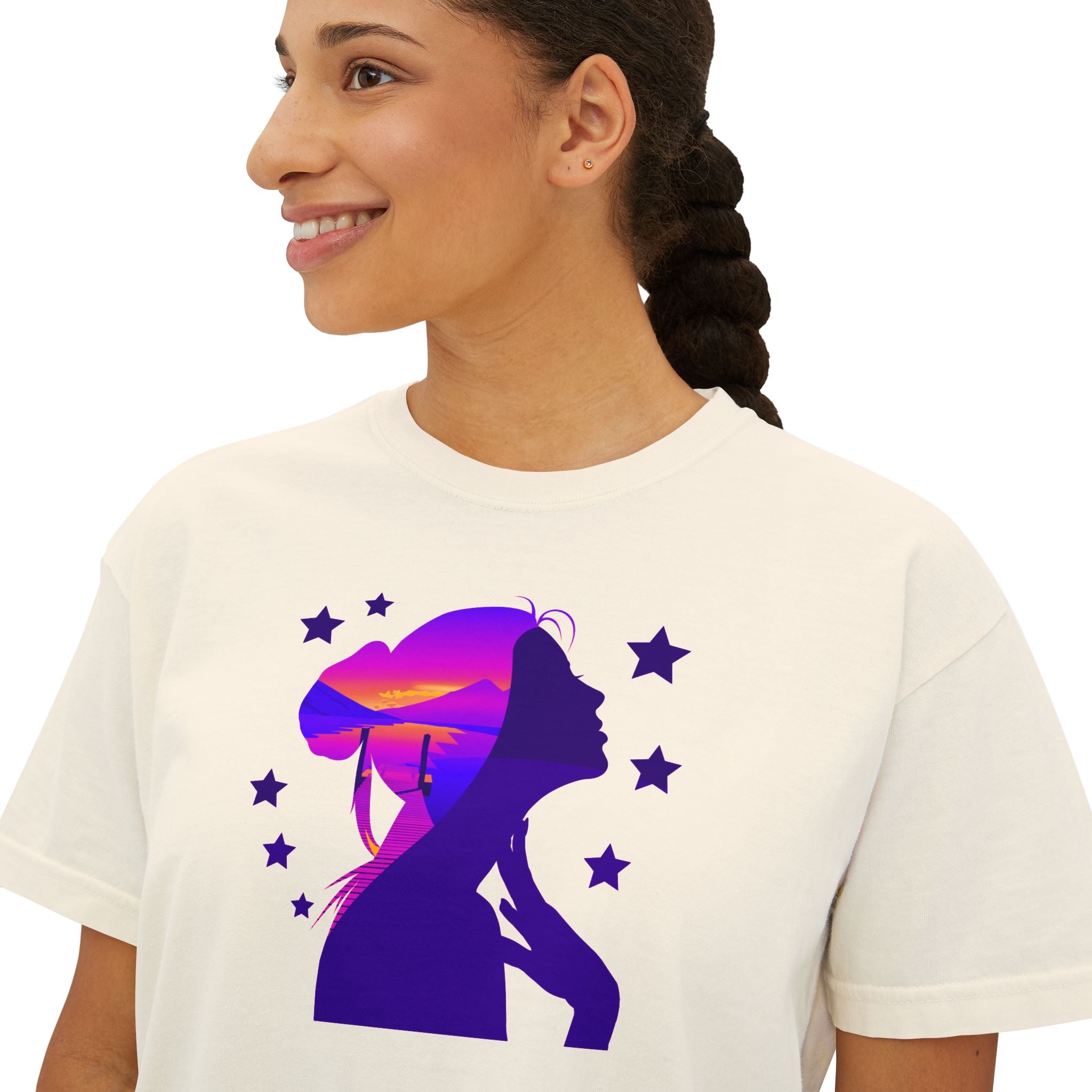 Women's Boxy Tee — Purple Sunset Silhouette Tee for Girls & Teens