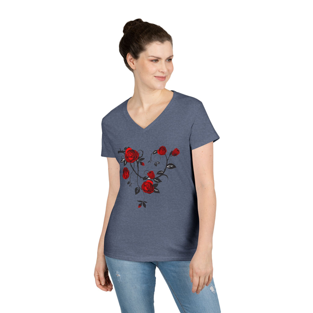 Rose Heart V-Neck Tee — Floral Red Roses Women's T-Shirt