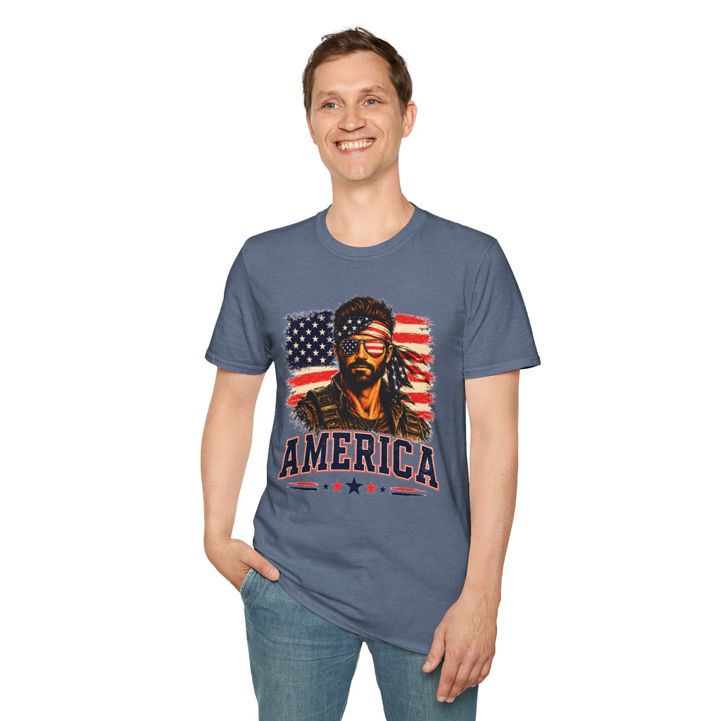 Patriotic Bandana Man T-Shirt — USA Flag Graphic Tee ("America")
