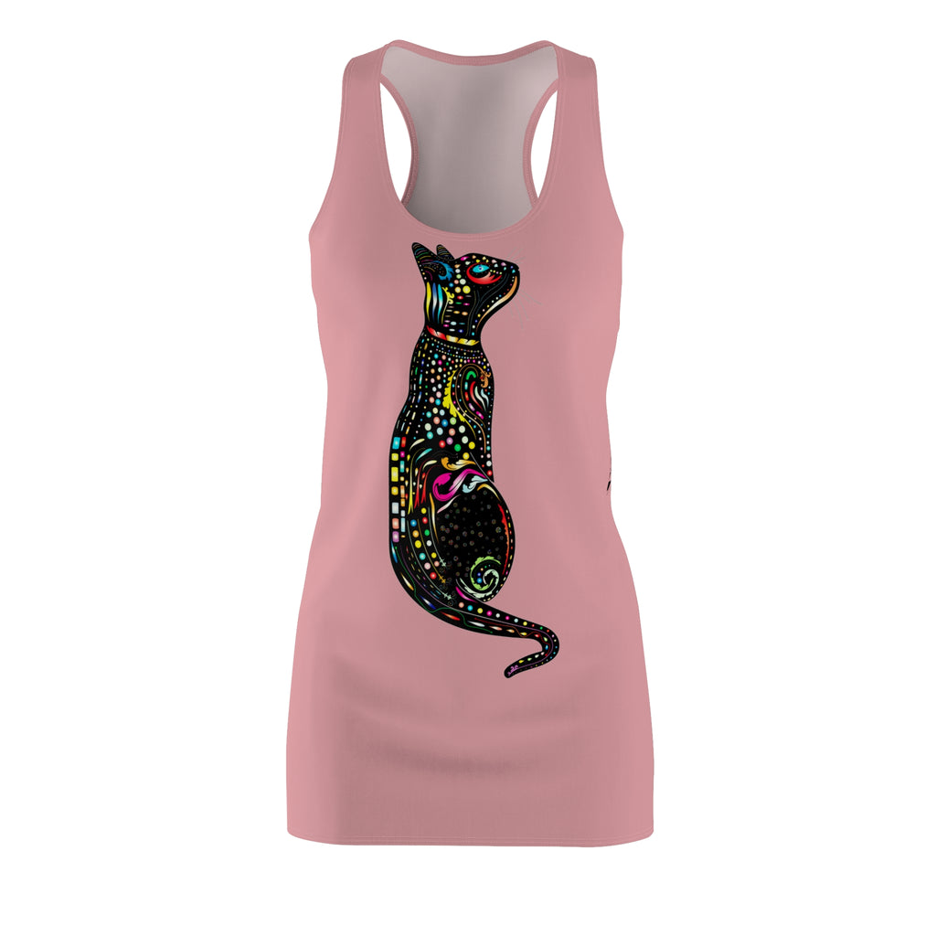 Pink Racerback Dress with Colorful Mosaic Cat Graphic