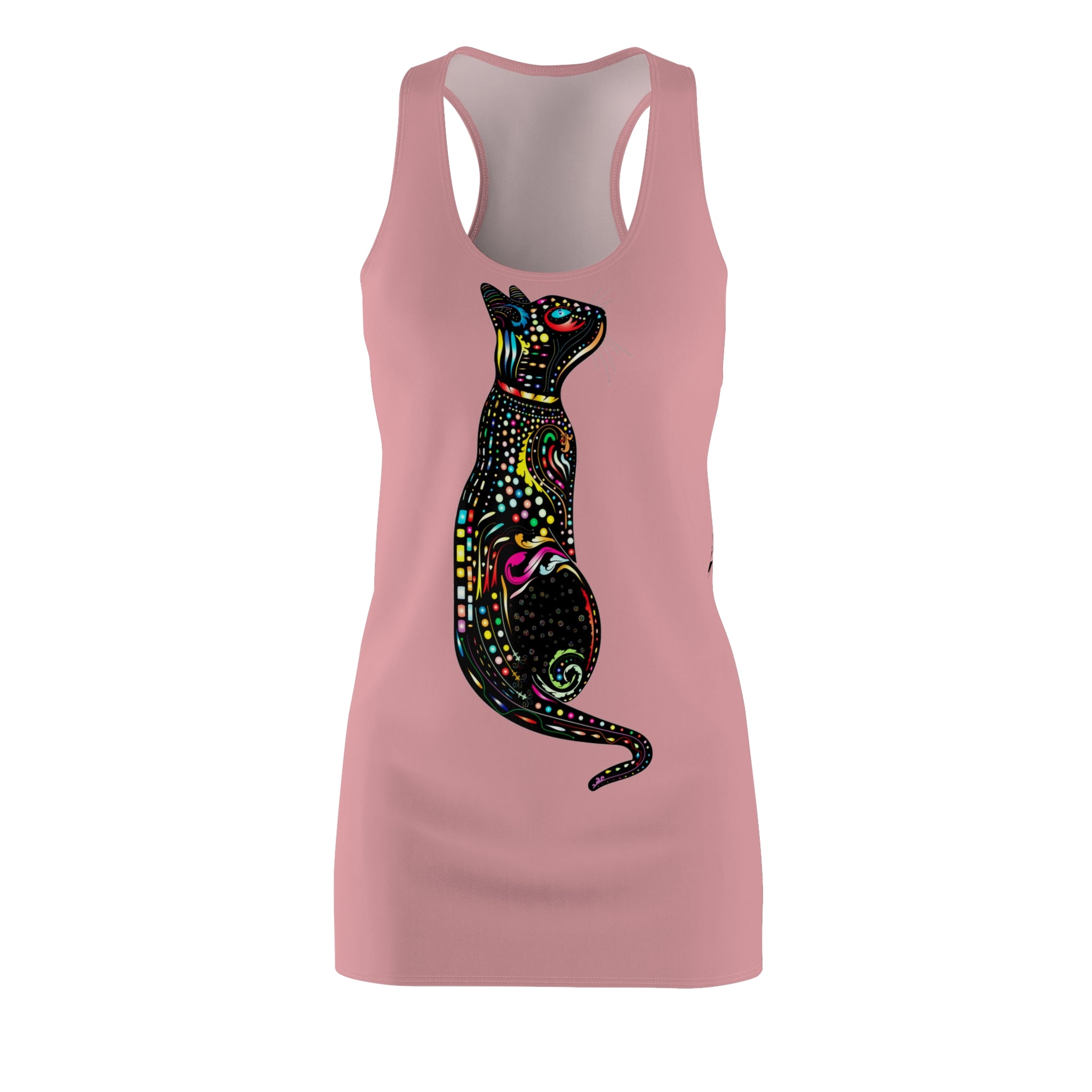 Pink Racerback Dress with Colorful Mosaic Cat Graphic