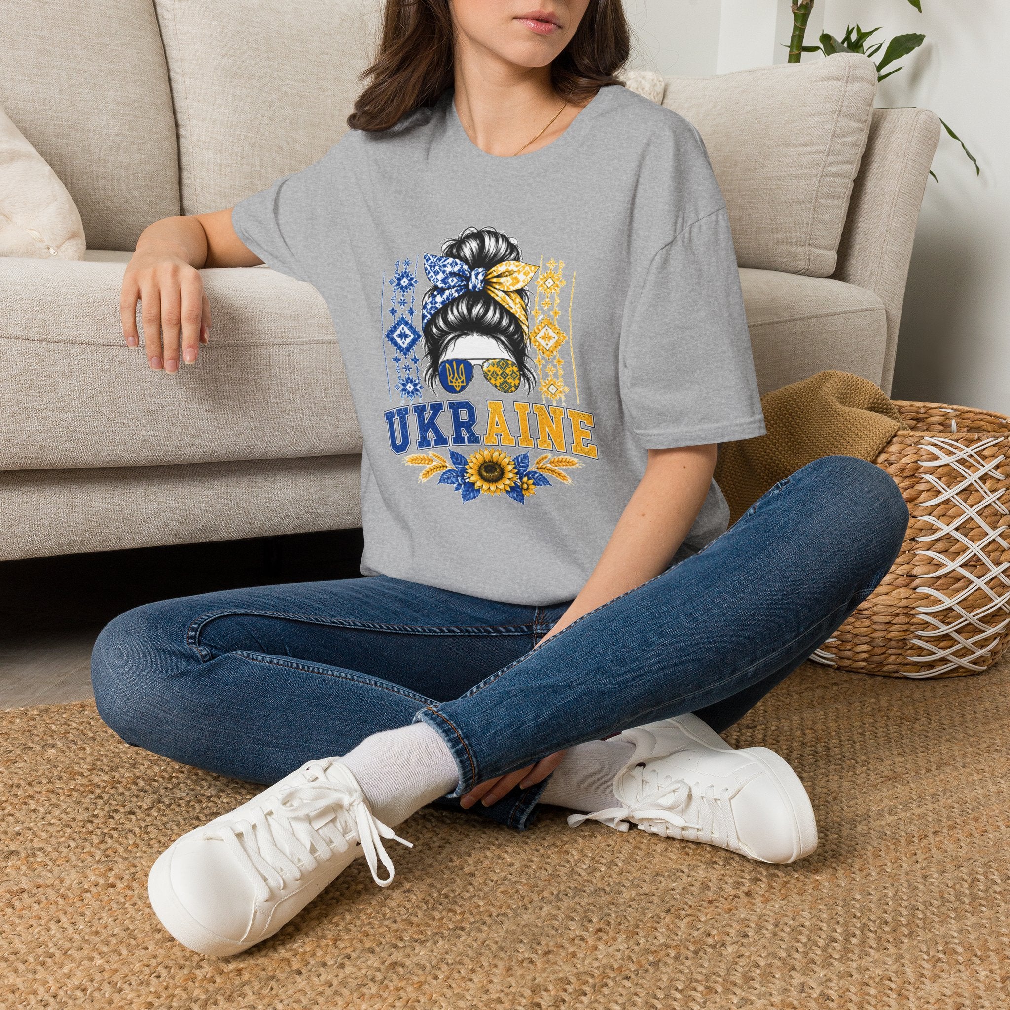 Ukraine Sunflower Hair Bun T-Shirt — Messy Bun with Blue & Yellow Bandana