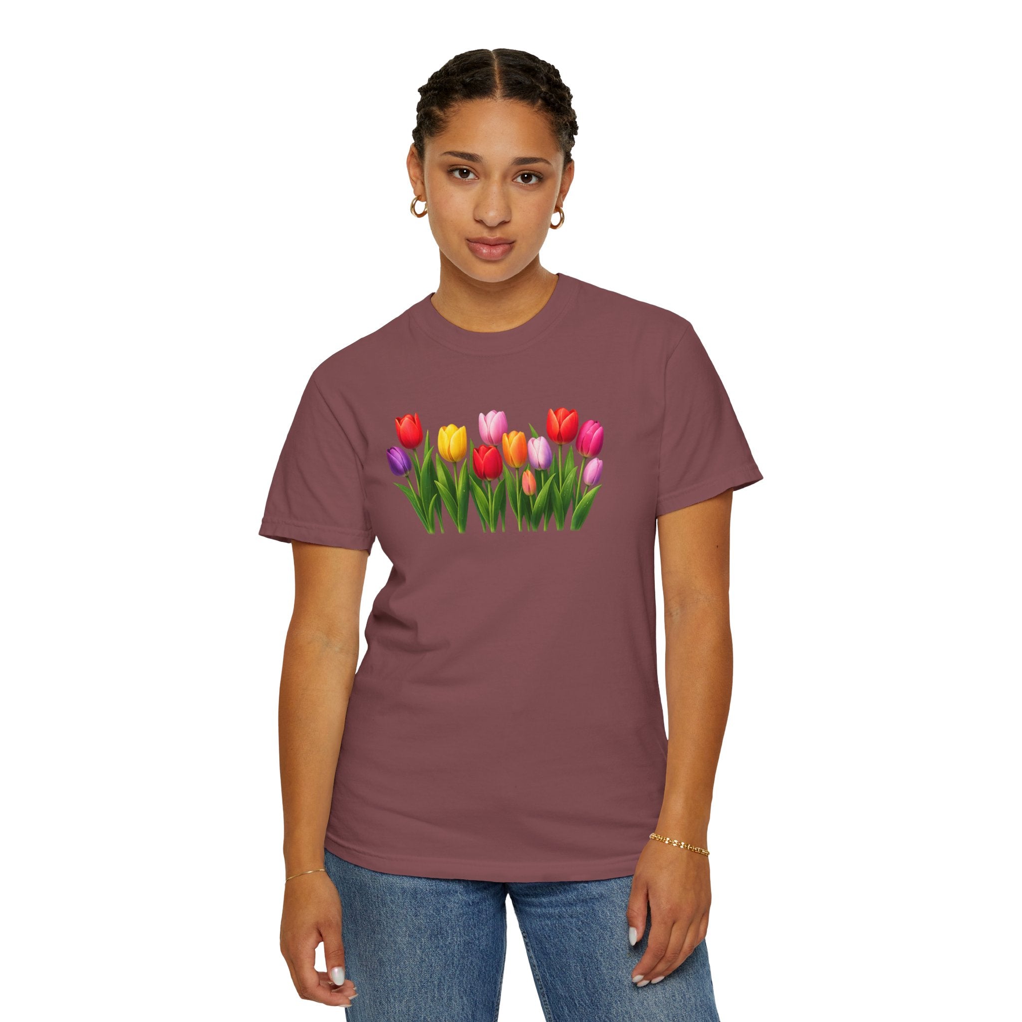 Colorful Tulip Shirt, Floral T-Shirt for Women, Botanical Graphic Tee, Spring Garden Shirt, Comfort Colors Tee