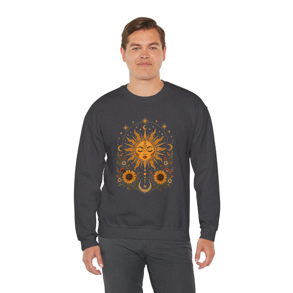 Sun & Sunflower Crewneck Sweatshirt, Boho Celestial Sweatshirt, Vintage Sun Graphic, Cozy Unisex Pullover, Gift for Her