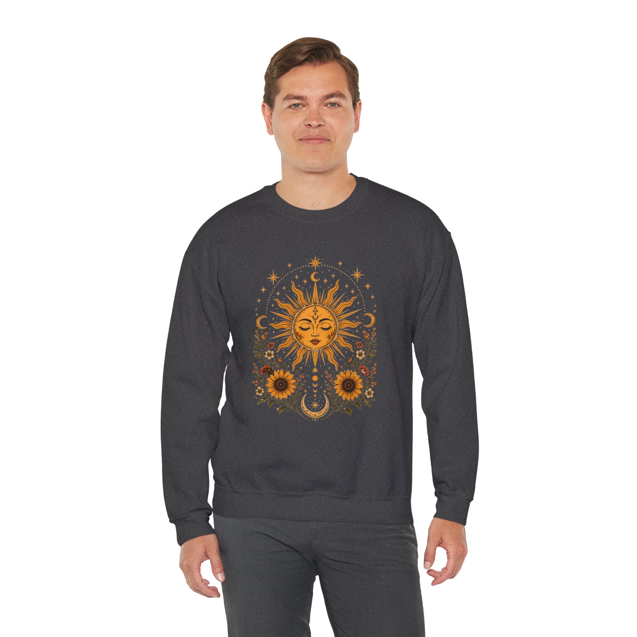 Sun & Sunflower Crewneck Sweatshirt, Boho Celestial Sweatshirt, Vintage Sun Graphic, Cozy Unisex Pullover, Gift for Her