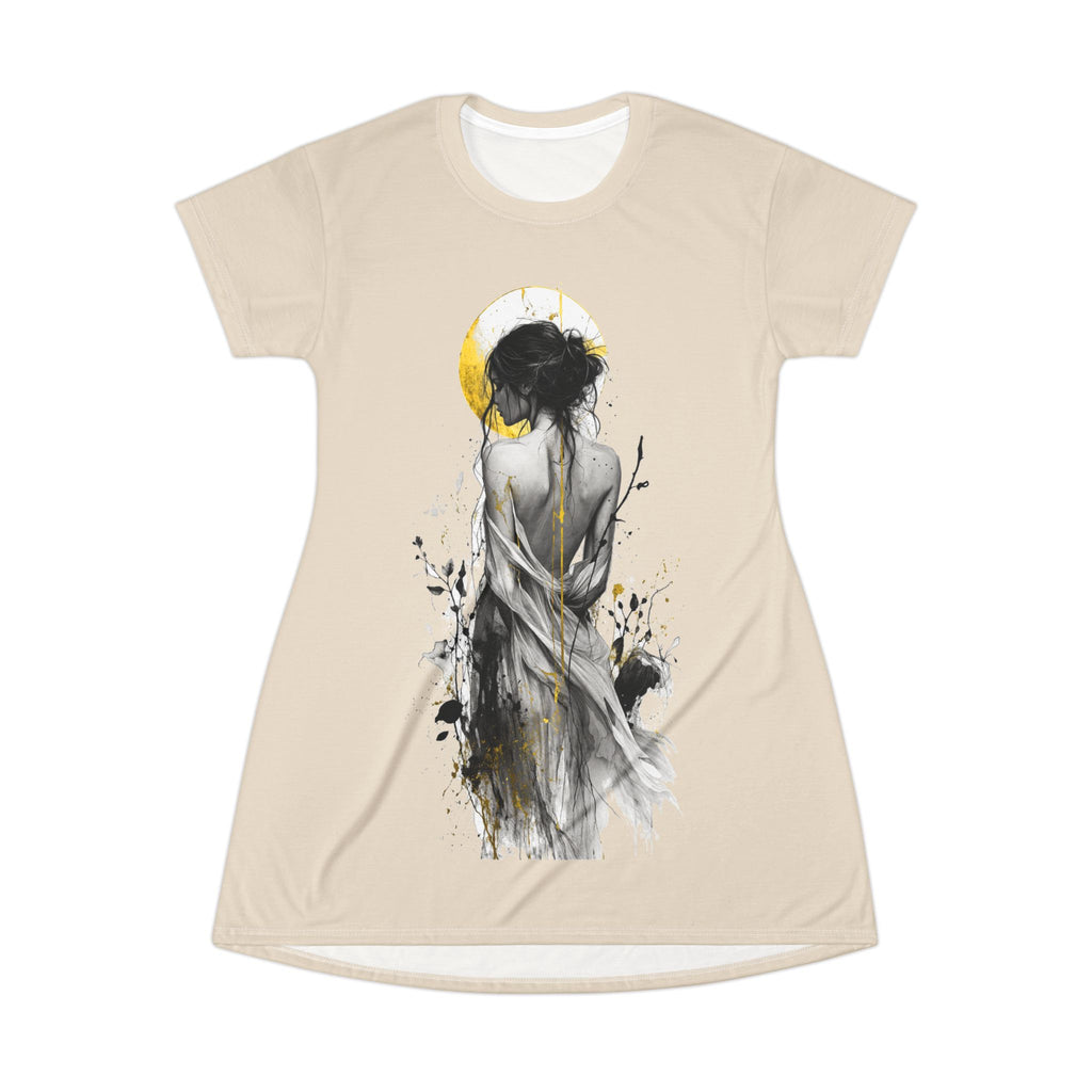 Artistic Sunlit Figure T-Shirt Dress — Abstract Watercolor Woman Print