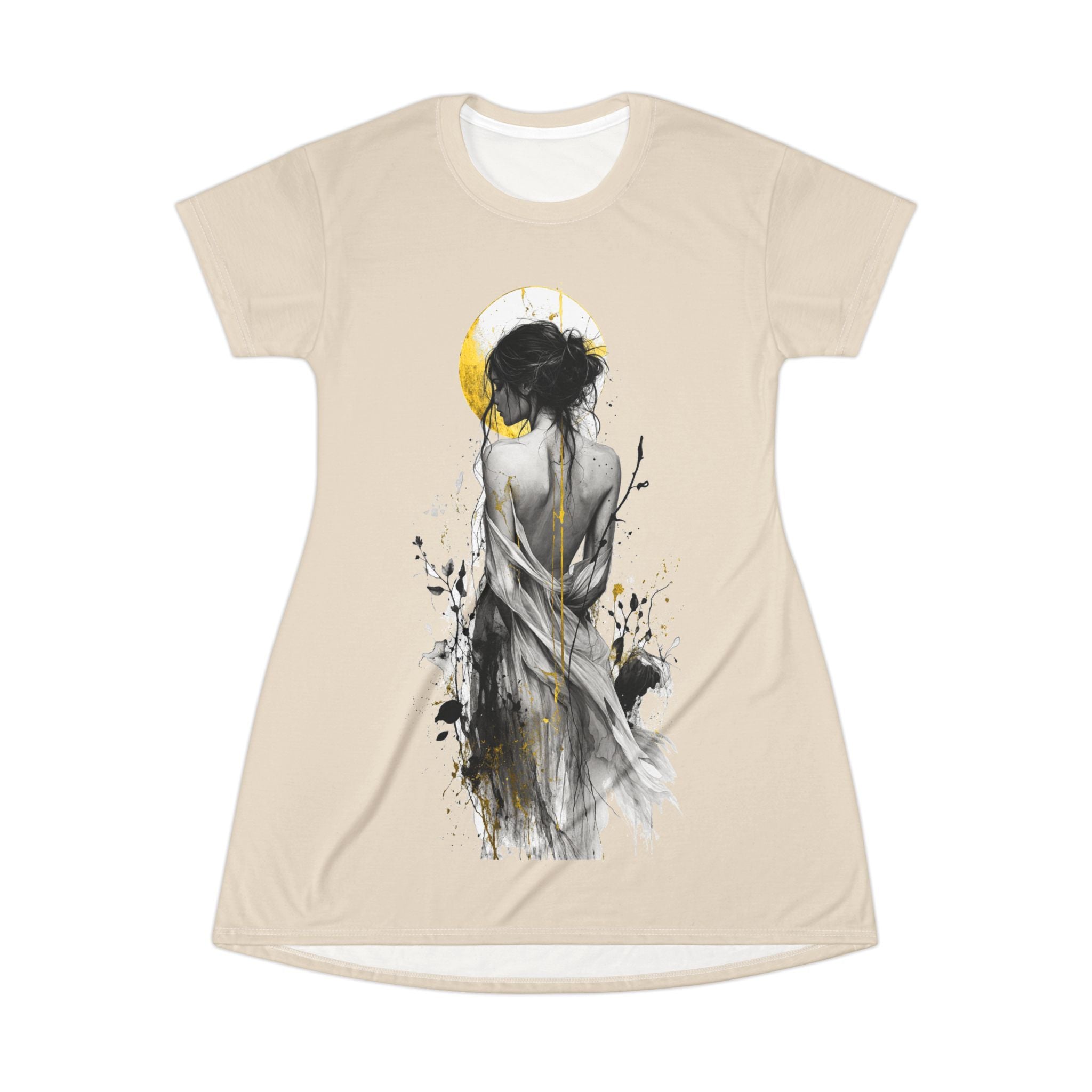 Artistic Sunlit Figure T-Shirt Dress — Abstract Watercolor Woman Print