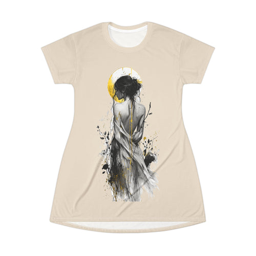 Artistic Sunlit Figure T-Shirt Dress — Abstract Watercolor Woman Print