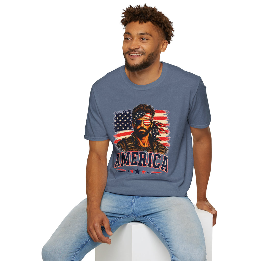 Patriotic Bandana Man T-Shirt — USA Flag Graphic Tee ("America")