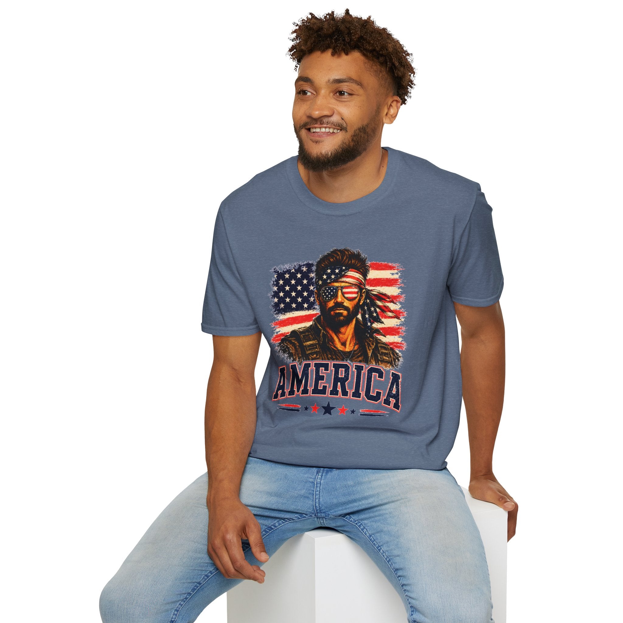 Patriotic Bandana Man T-Shirt — USA Flag Graphic Tee ("America")