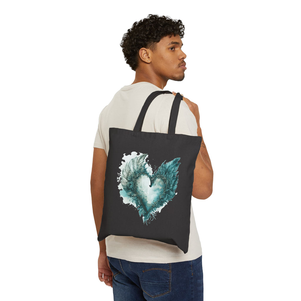 Cute Canvas Tote Bag with Teal Watercolor Angel Wings Heart Design