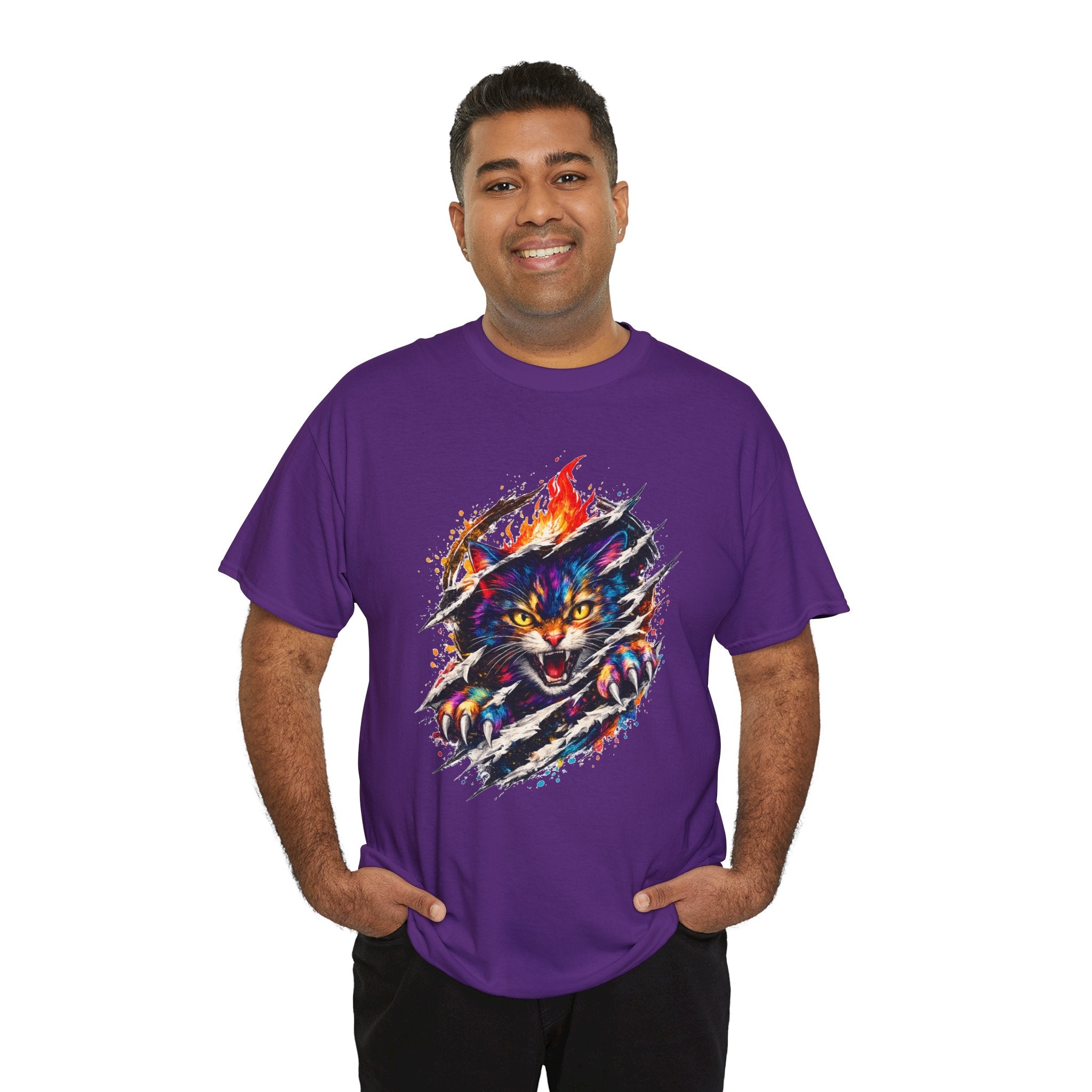 Colorful Angry Cat Rip Through Graphic Tee | Neon Cat T-Shirt | Unisex Streetwear Shirt | Fierce Cat Art | Gift for Cat Lovers